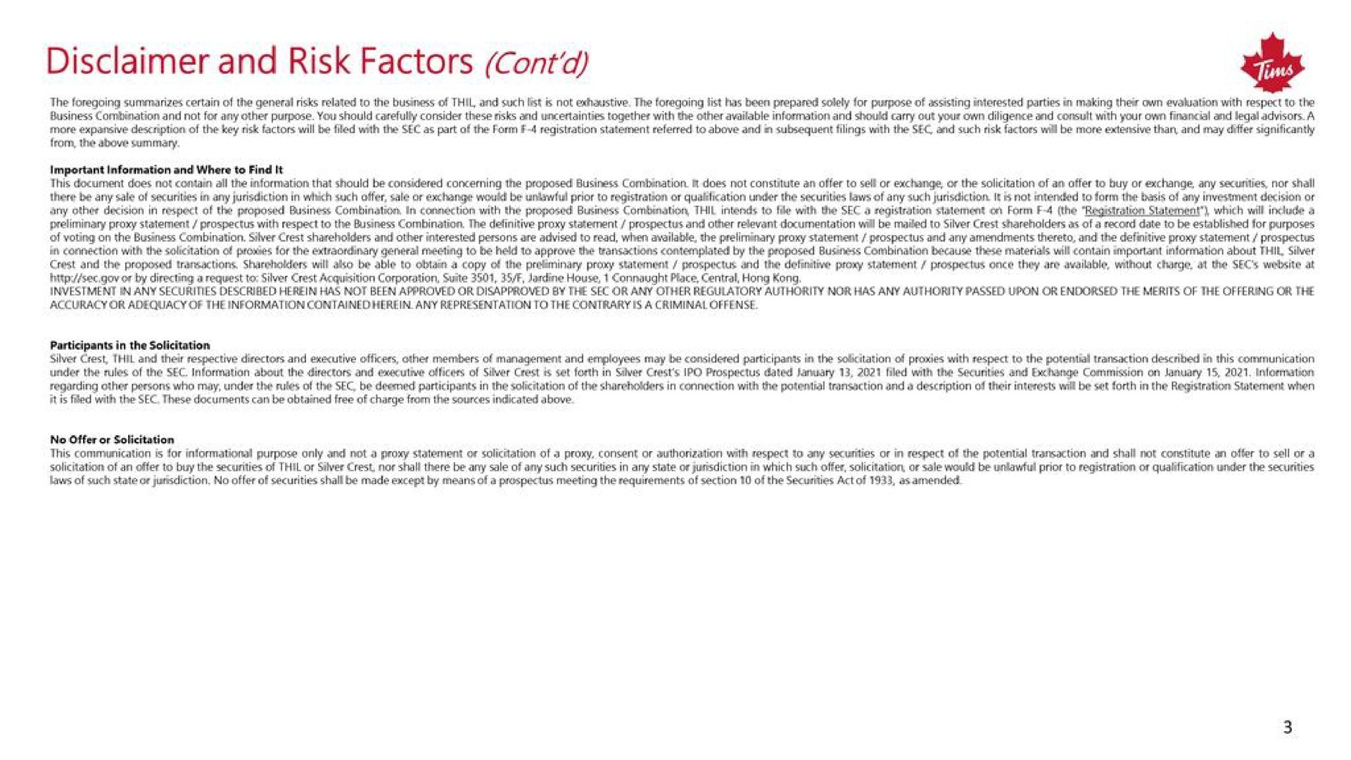 disclaimer and risk factors | Tim Hortons China