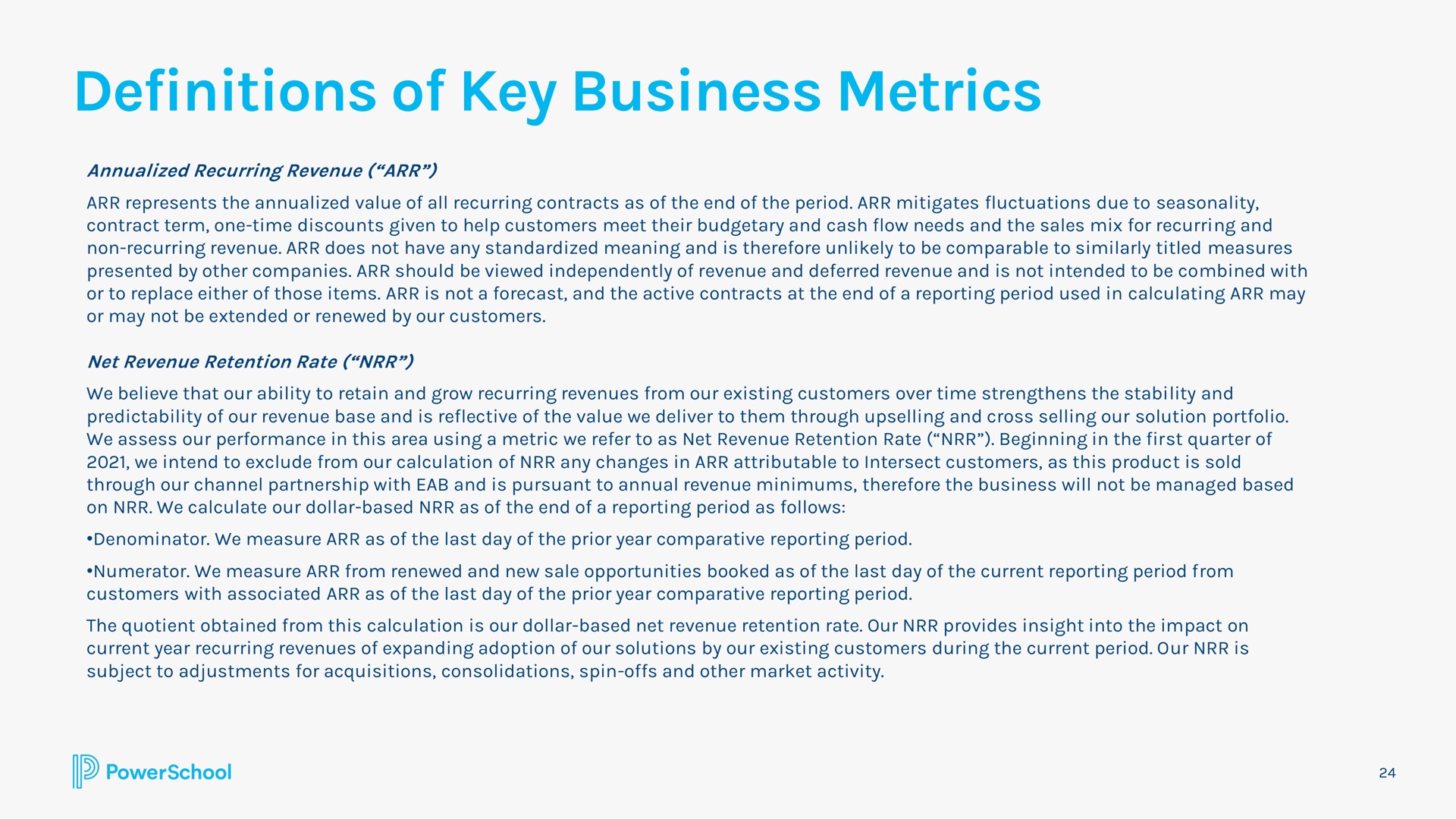 definitions of key business metrics | PowerSchool