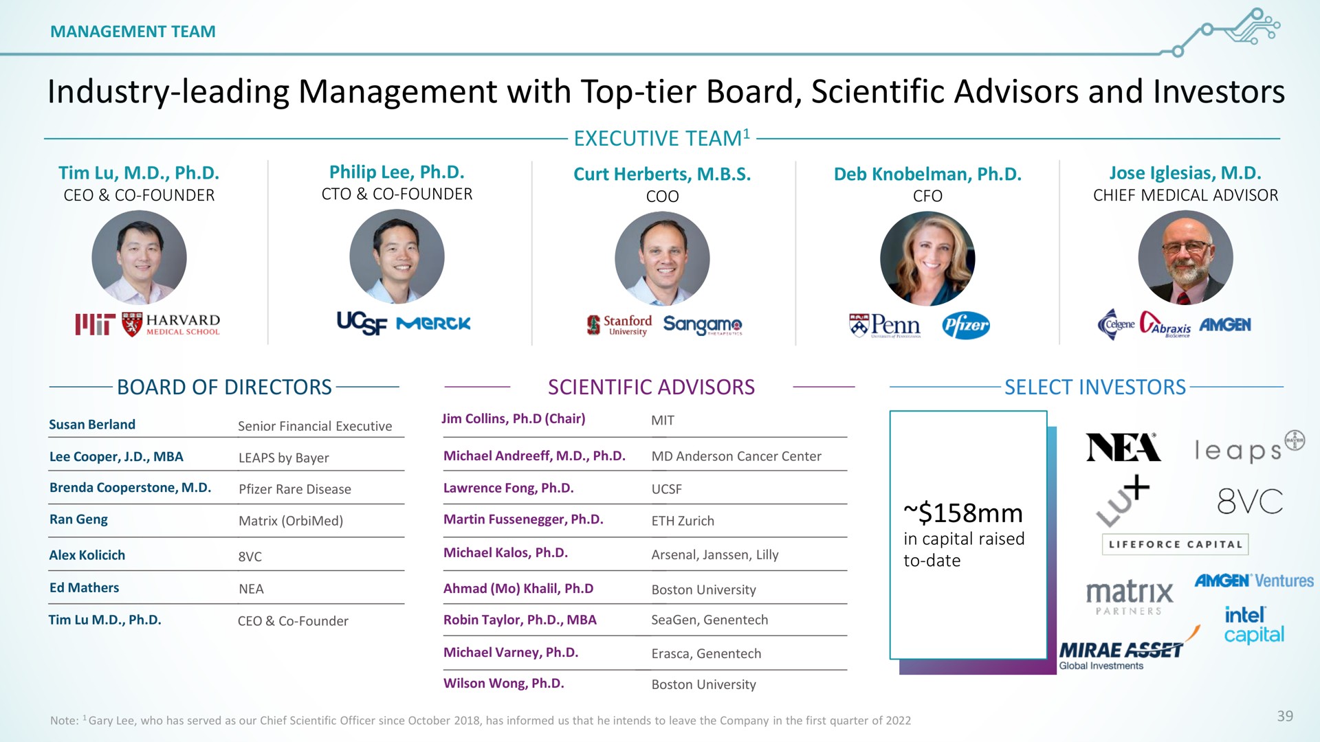 industry leading management with top tier board scientific advisors and investors a ged gee | SentiBio
