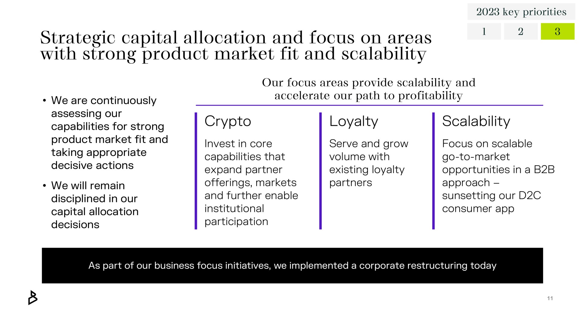 strategic capital allocation and focus on areas with strong product market fit and loyalty capabilities for taking appropriate capabilities that institutional volume go to market consumer | Bakkt