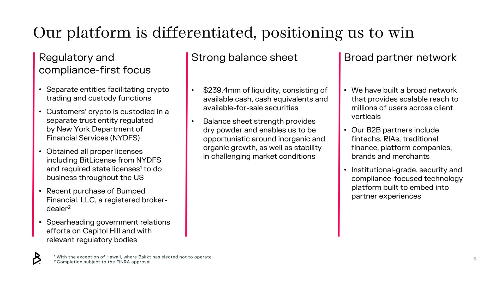 our platform is differentiated positioning us to win regulatory and compliance first focus strong balance sheet broad partner network | Bakkt