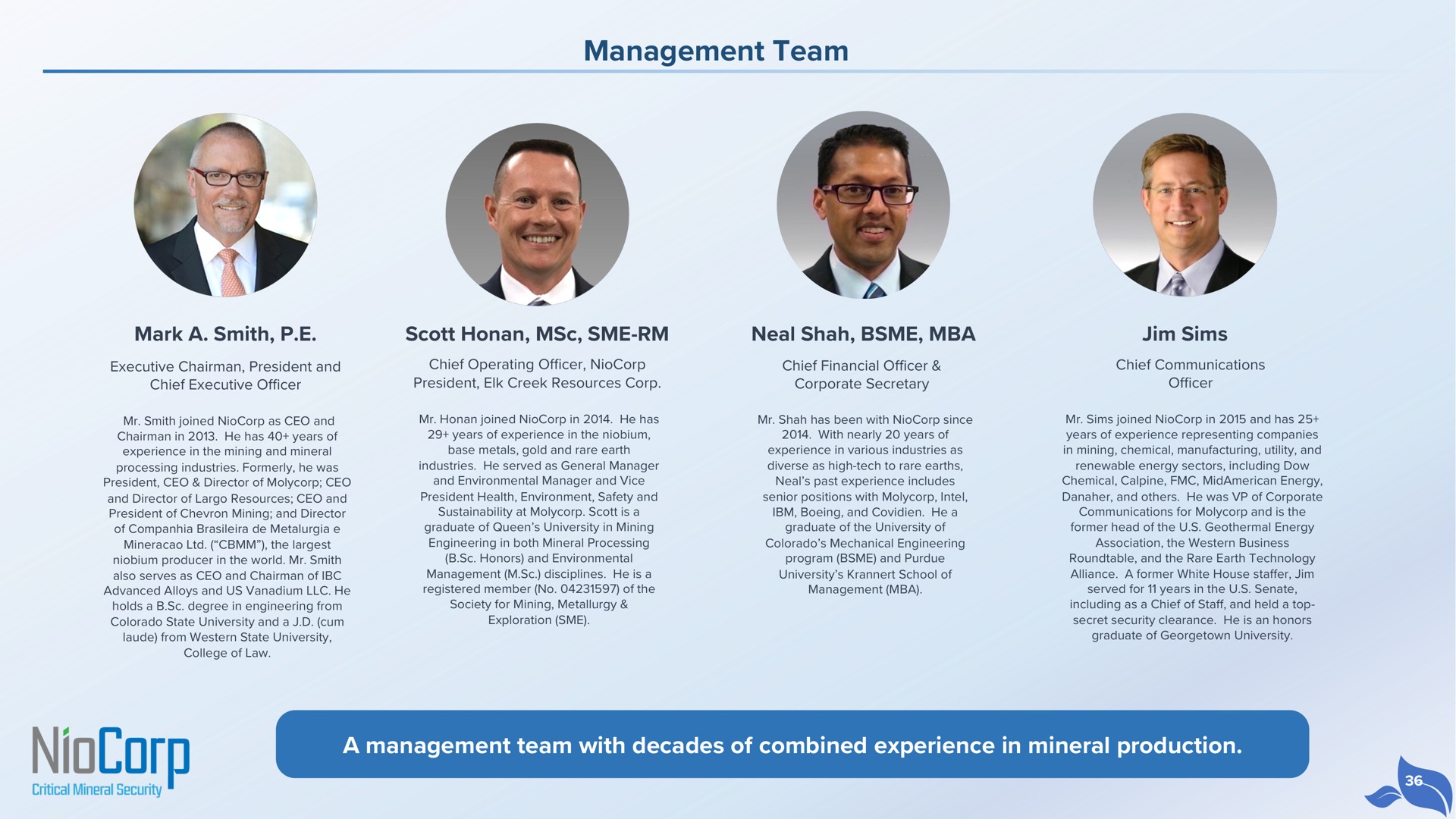 management team a management team with decades of combined experience in mineral production | NioCorp