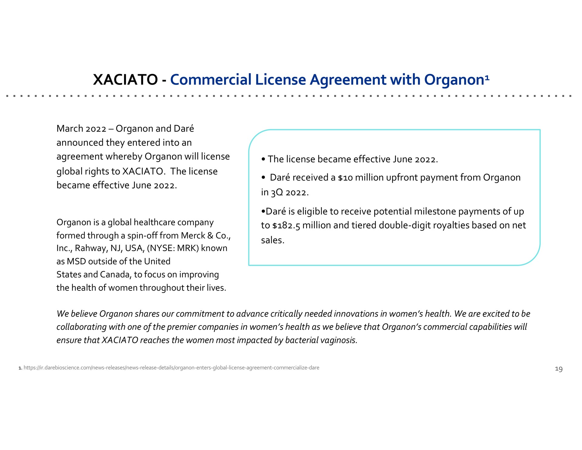 commercial license agreement with organon organon | Dare Bioscience
