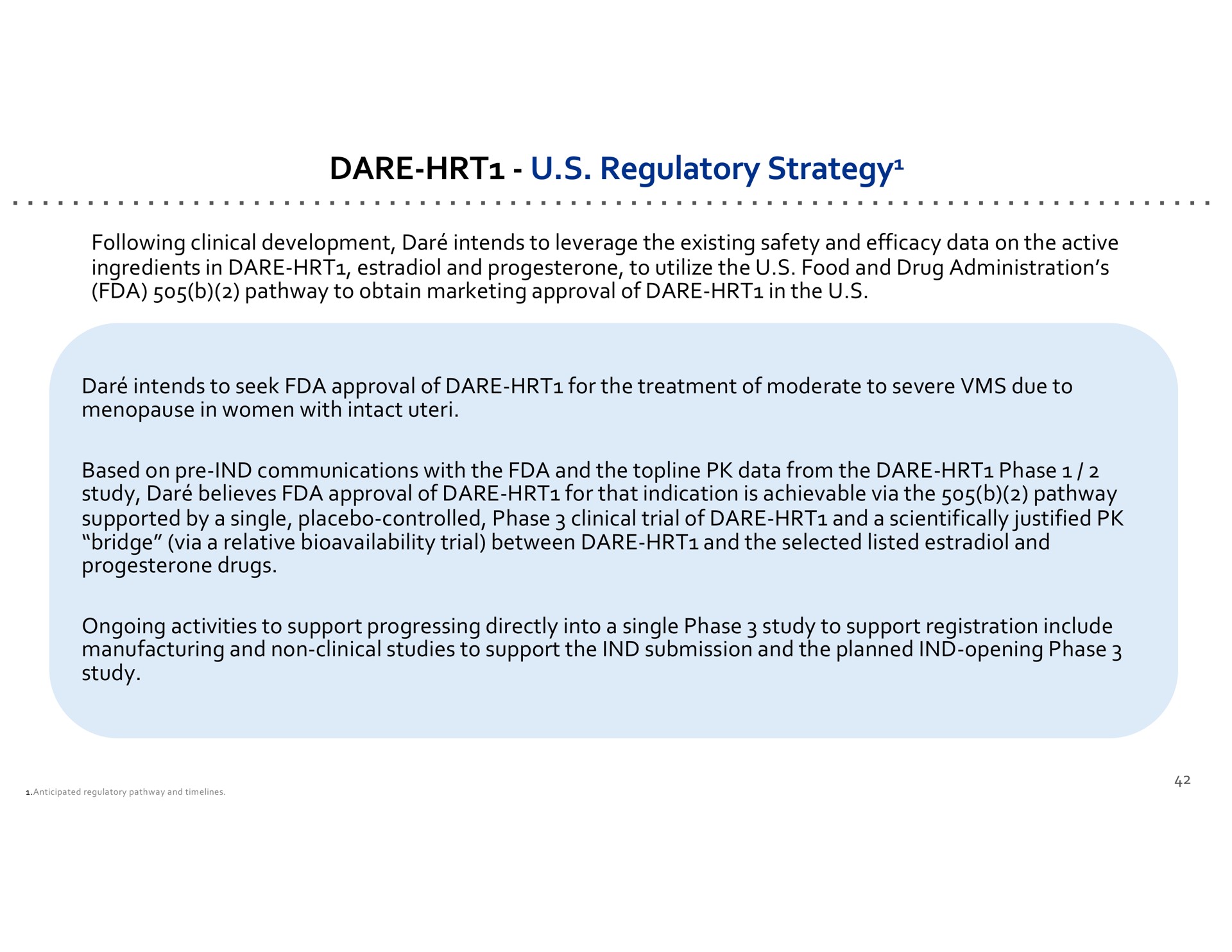 dare regulatory strategy following clinical development dar intends to leverage the existing safety and efficacy data on the active ingredients in dare estradiol and progesterone to utilize the food and drug administration pathway to obtain marketing approval of dare in the dar intends to seek approval of dare for the treatment of moderate to severe due to menopause in women with intact uteri based on communications with the and the topline data from the dare phase study dar believes approval of dare for that indication is achievable via the pathway supported by a single placebo controlled phase clinical trial of dare and a scientifically justified bridge via a relative trial between dare and the selected listed estradiol and progesterone drugs ongoing activities to support progressing directly into a single phase study to support registration include manufacturing and non clinical studies to support the submission and the planned opening phase study dare strategy | Dare Bioscience