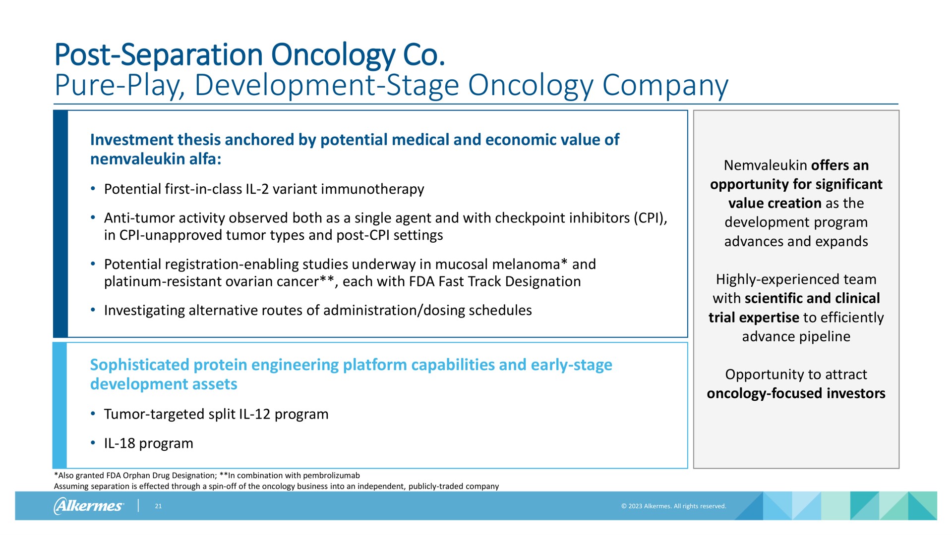post separation oncology pure play development stage oncology company stage | Alkermes