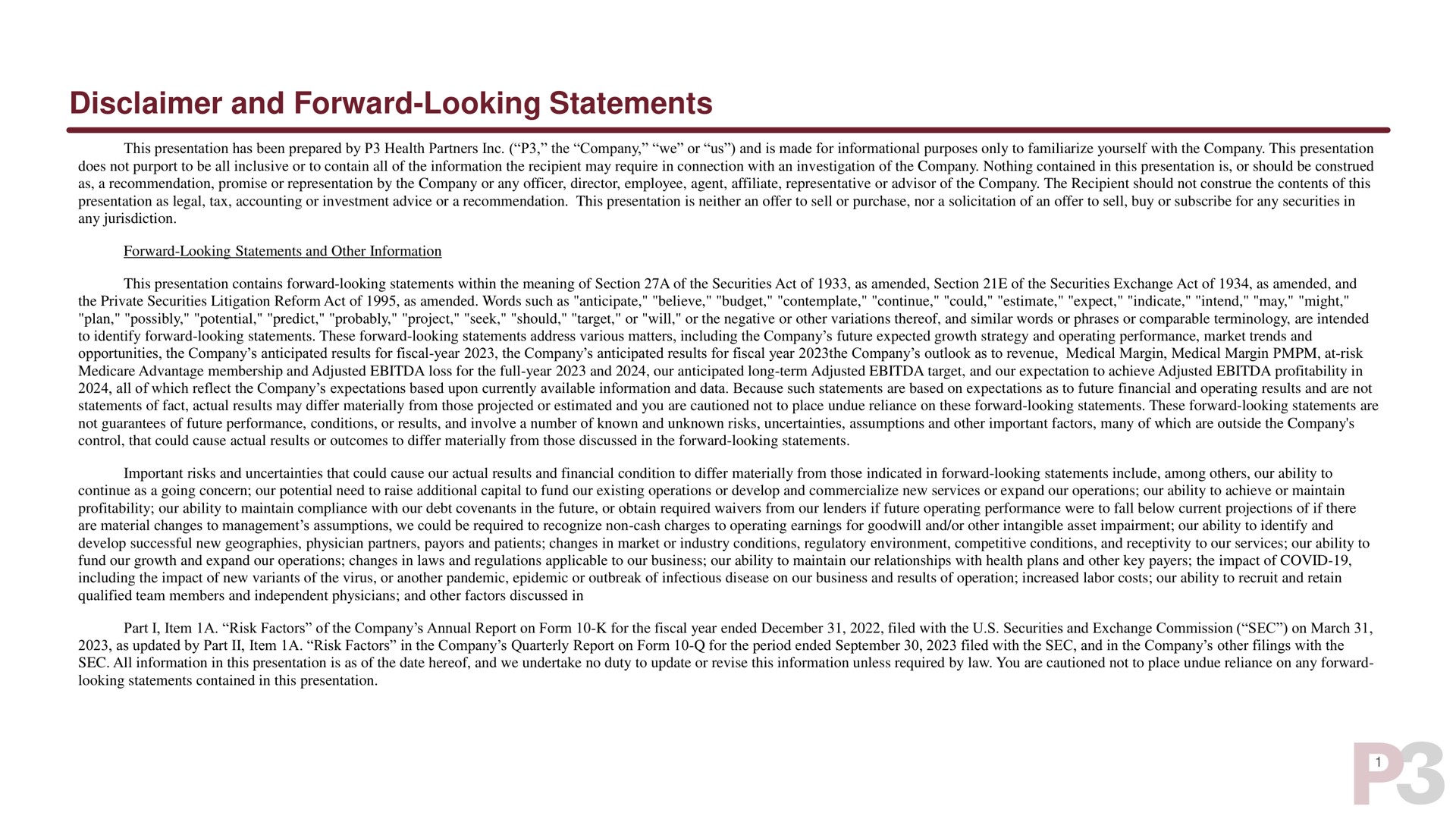 disclaimer and forward looking statements | P3 Health Partners