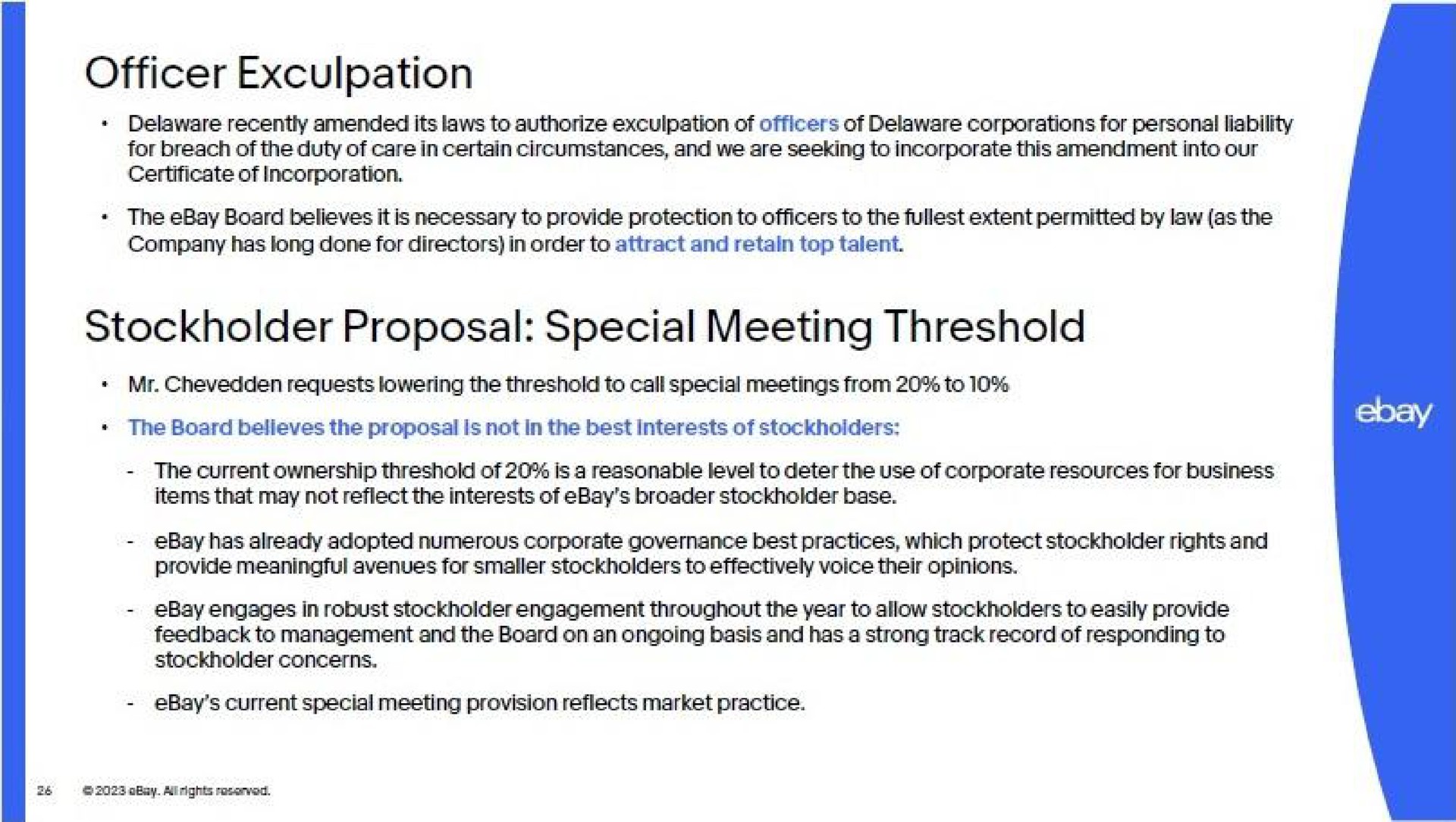 officer exculpation stockholder proposal special meeting threshold | eBay