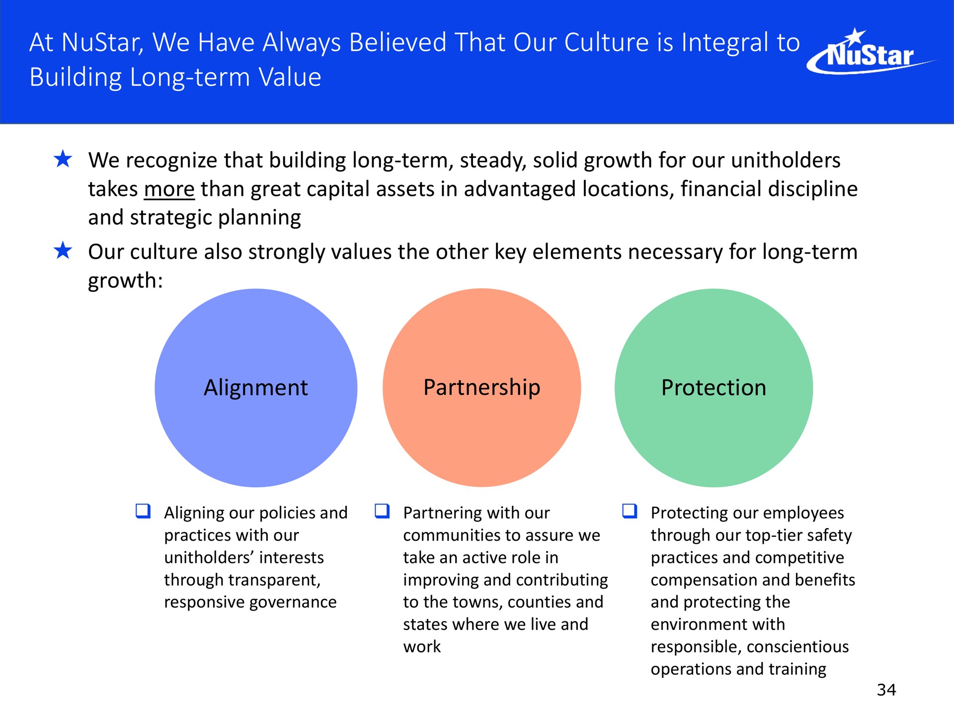 at we have always believed that our culture is integral to building long term value alignment partnership protection ire | NuStar Energy