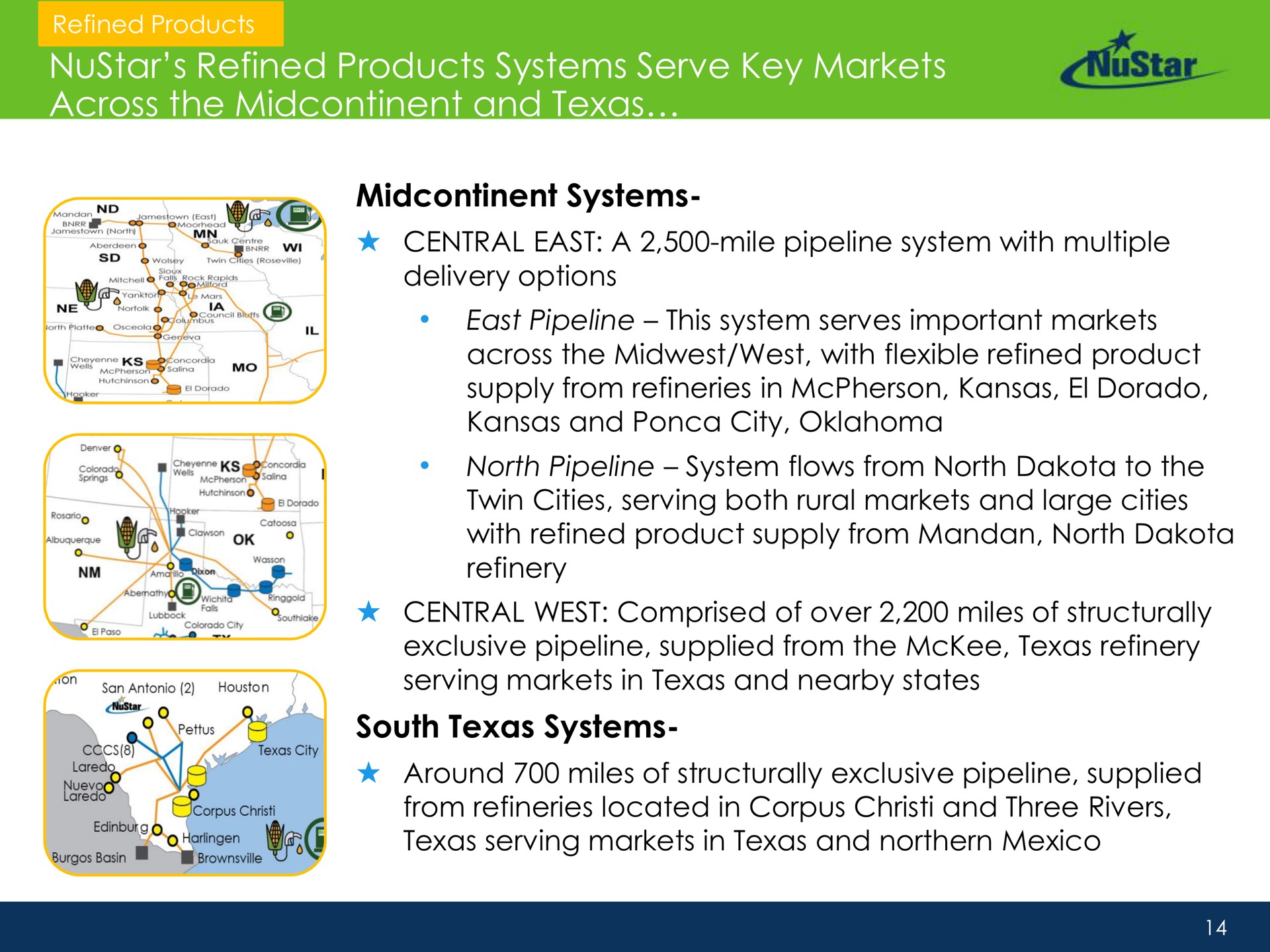 refined products systems serve key markets across the and systems south systems twin cities serving both rural large cities central west comprised of over miles of structurally | NuStar Energy
