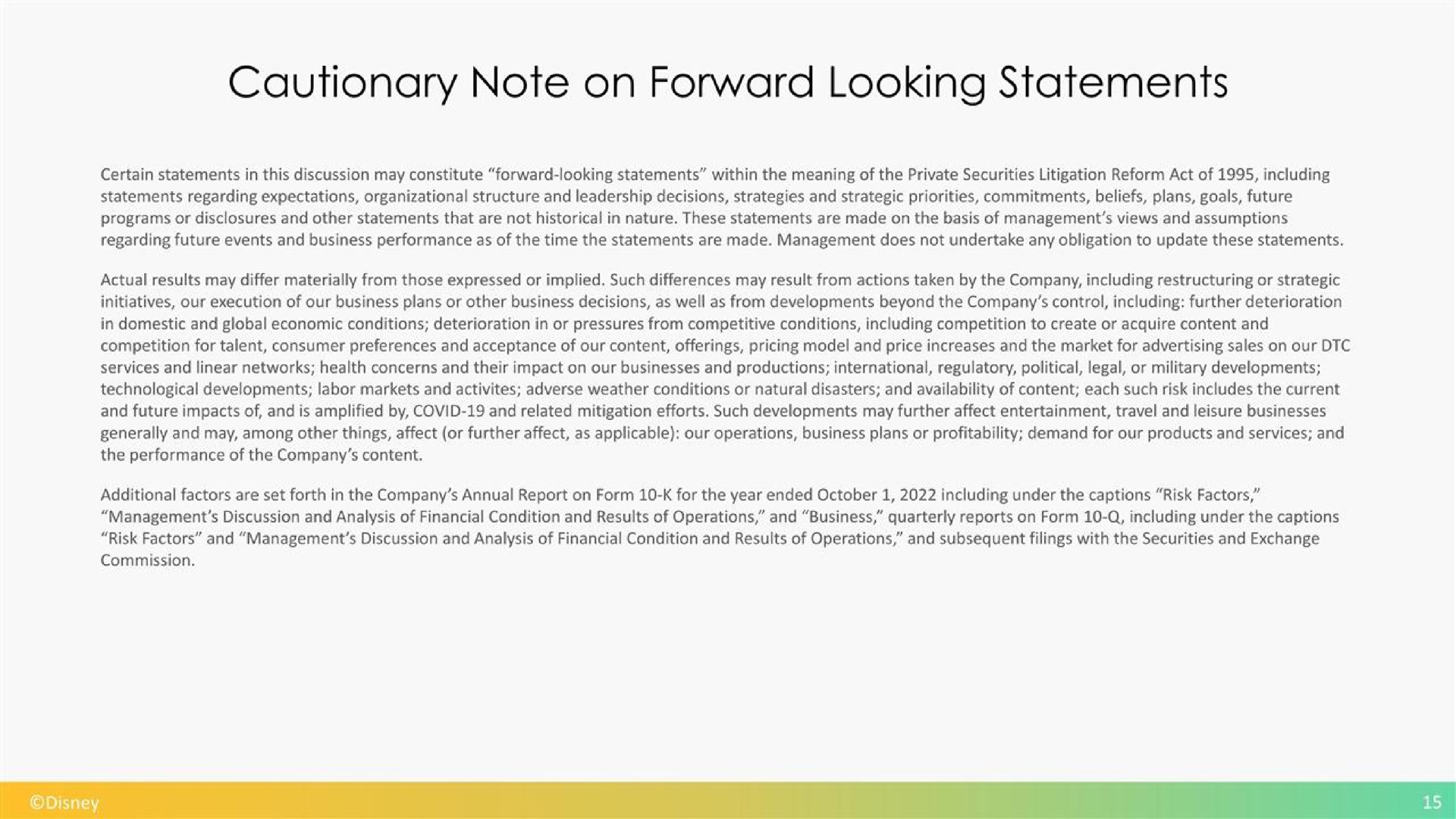 cautionary note on forward looking statements | Disney