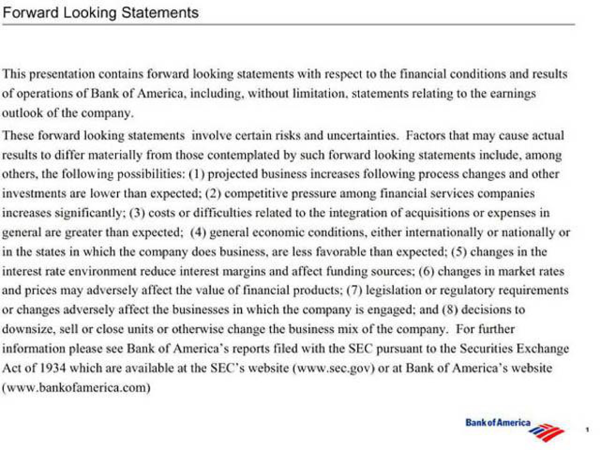 forward looking statements | Bank of America