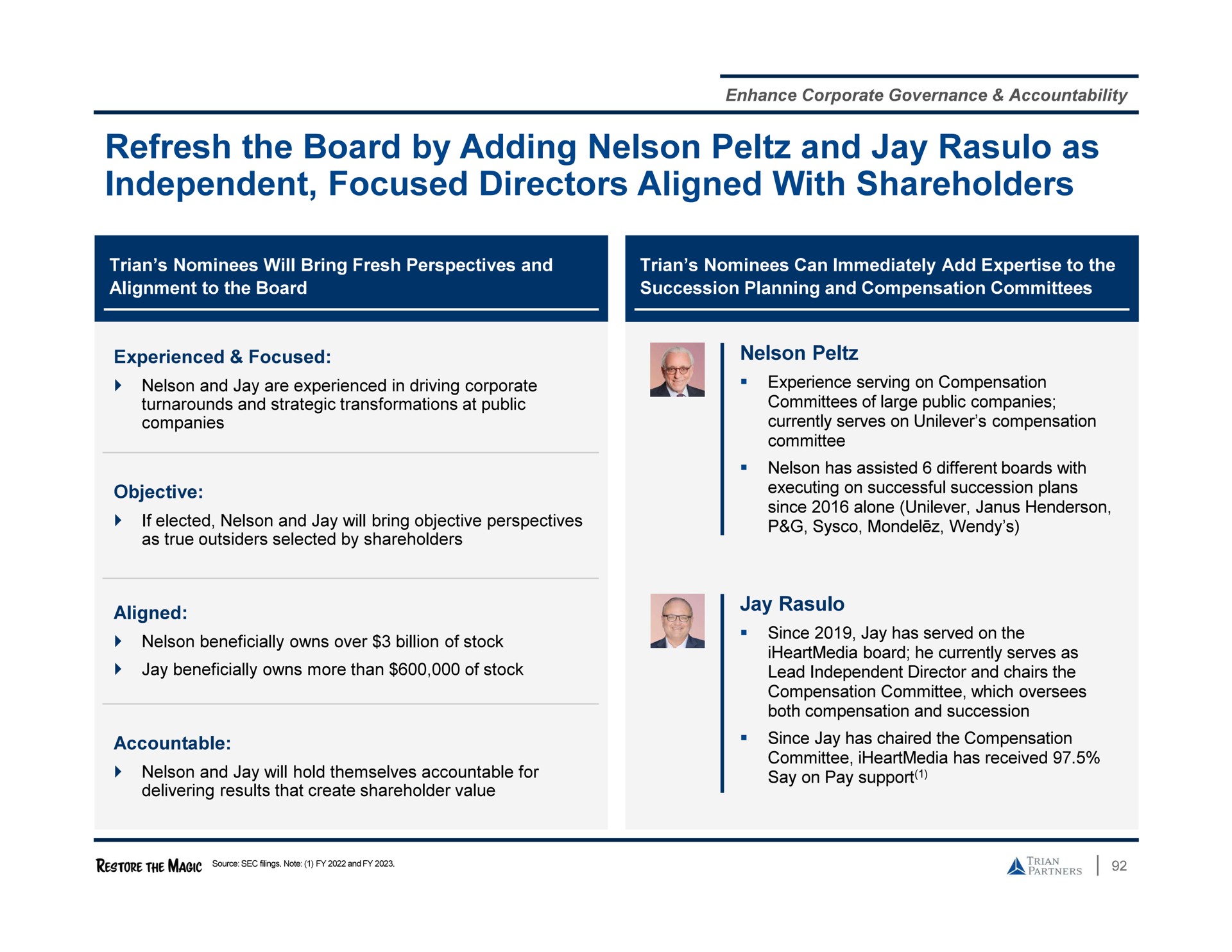 refresh the board by adding nelson and jay as independent focused directors aligned with shareholders | Trian Partners
