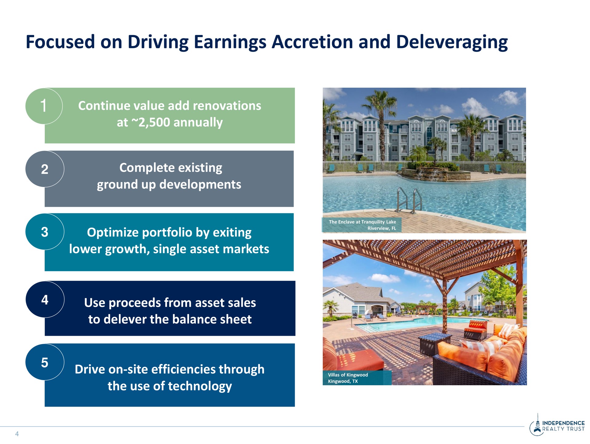 focused on driving earnings accretion and continue value add renovations at annually complete existing ground up developments optimize portfolio by exiting lower growth single asset markets use proceeds from asset sales to the balance sheet drive on site efficiencies through the use of technology | Independence Realty Trust
