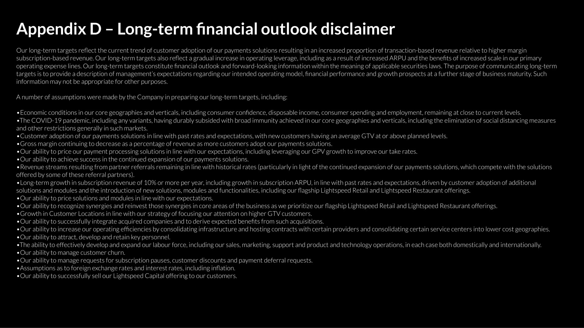 appendix long term outlook disclaimer financial | Lightspeed