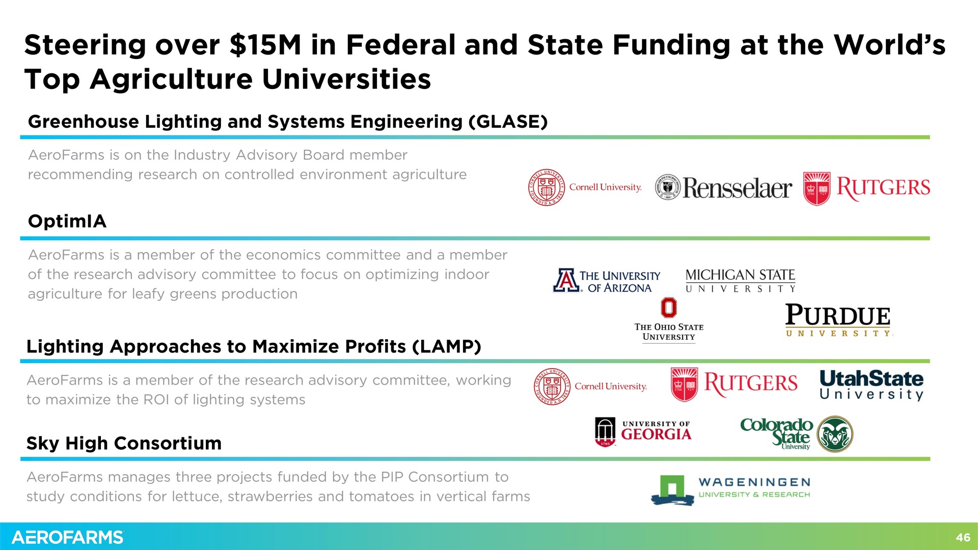 steering over in federal and state funding at the world top agriculture universities | AeroFarms
