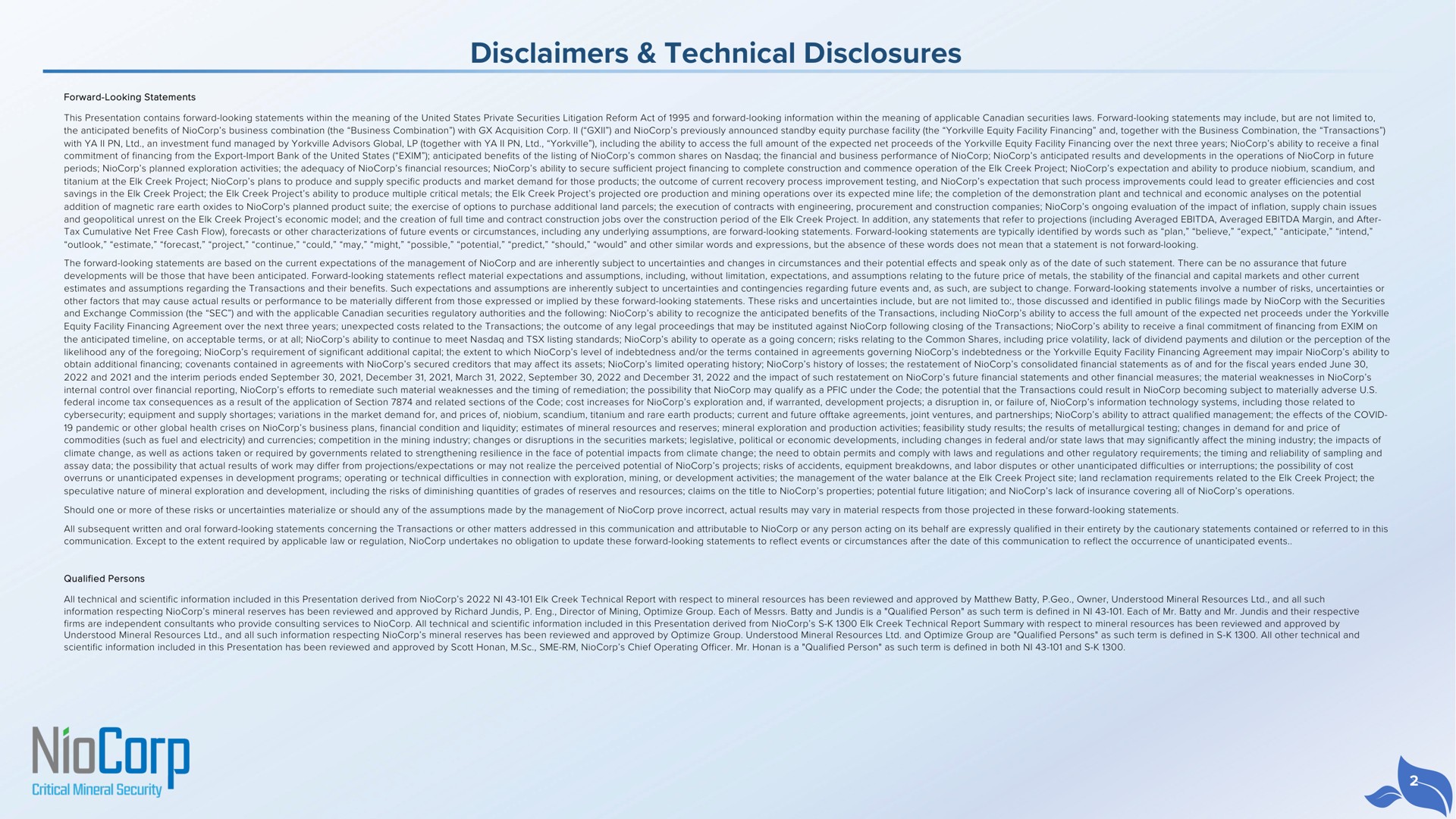 disclaimers technical disclosures | NioCorp