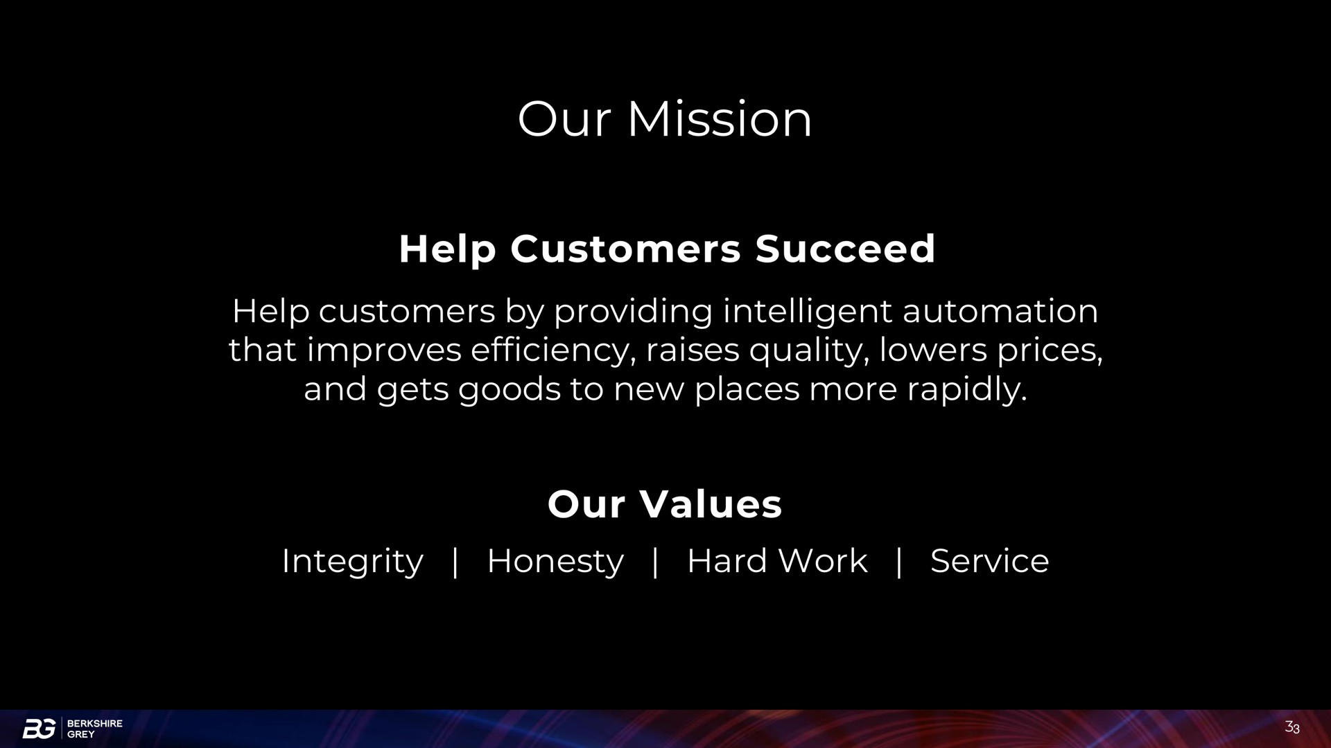our mission help customers succeed help customers by providing intelligent that improves efficiency raises quality lowers prices and gets goods to new places more rapidly our values integrity honesty hard work service mae | Berkshire Grey