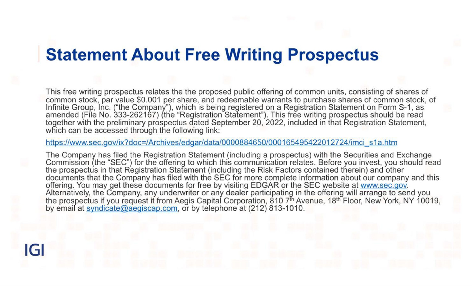 statement about free writing prospectus | IGI