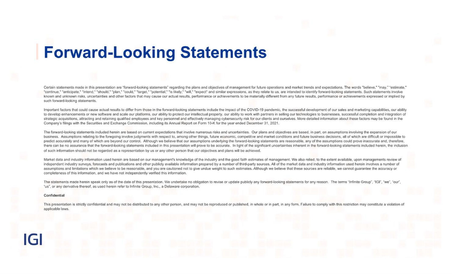 forward looking statements | IGI