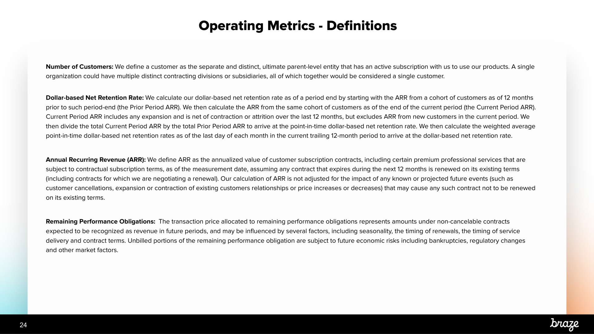 operating metrics definitions | Braze