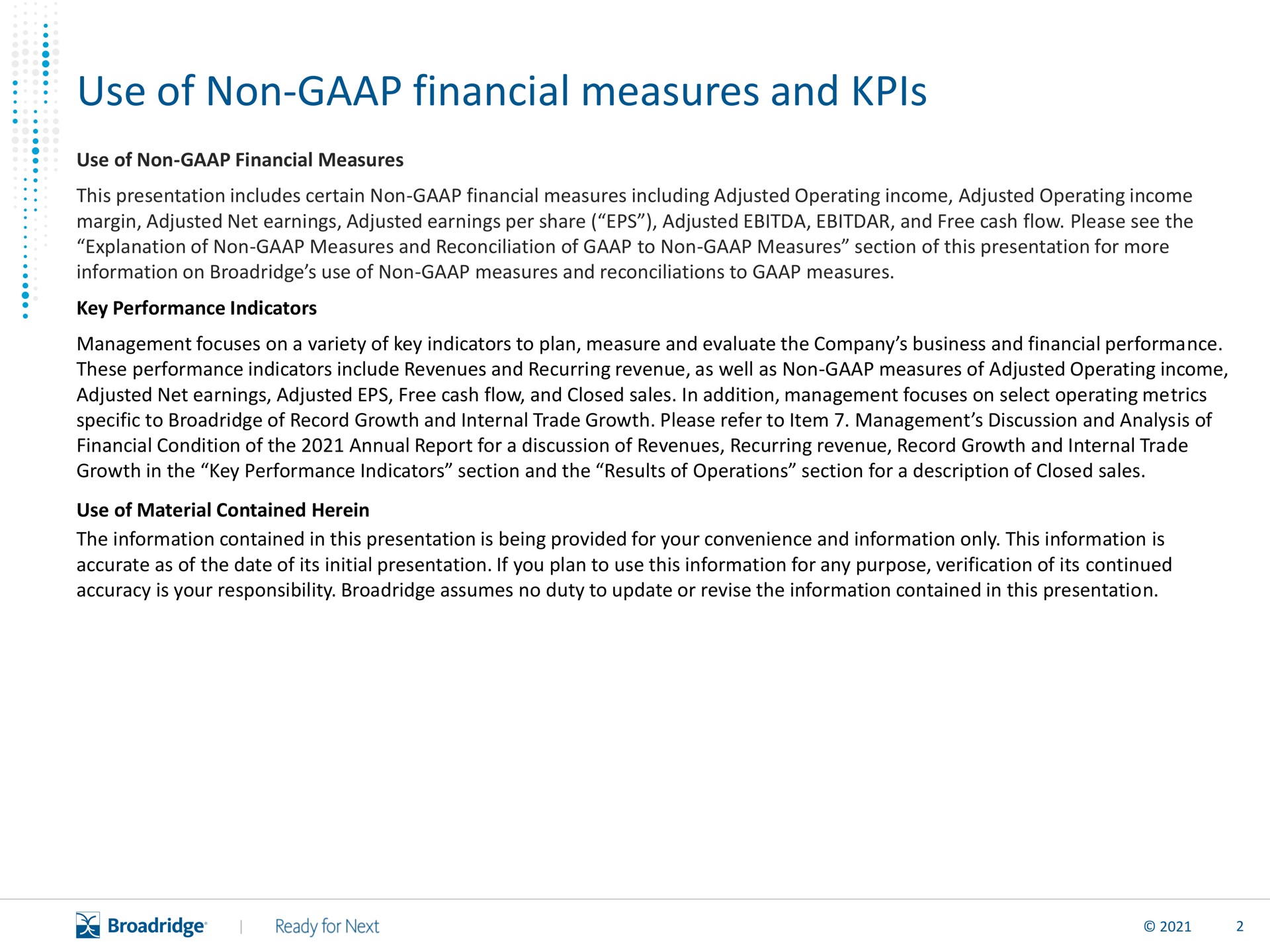 use of non financial measures and | Broadridge Financial Solutions