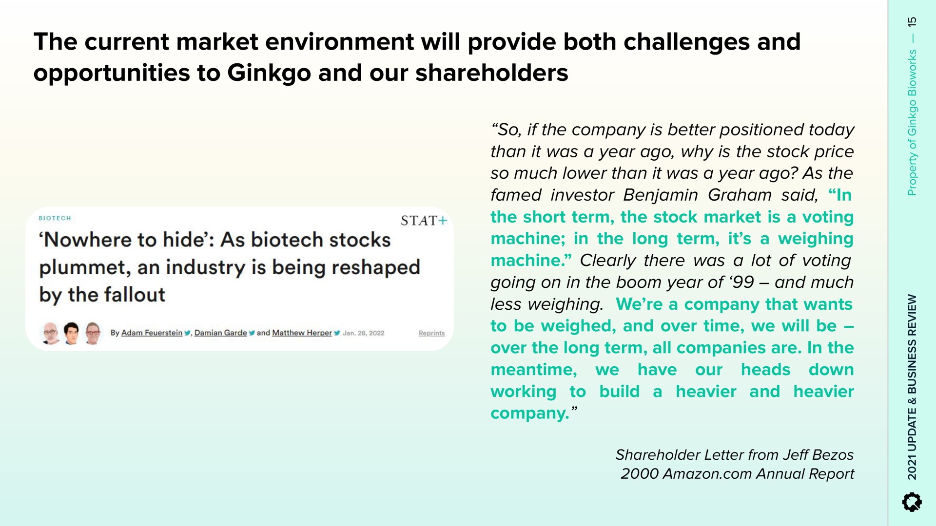 the current market environment will provide both challenges and opportunities to ginkgo and our shareholders | Ginkgo
