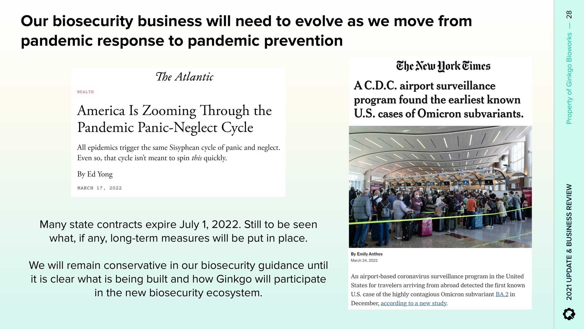 our business will need to evolve as we move from pandemic response to pandemic prevention panic neglect cycle | Ginkgo