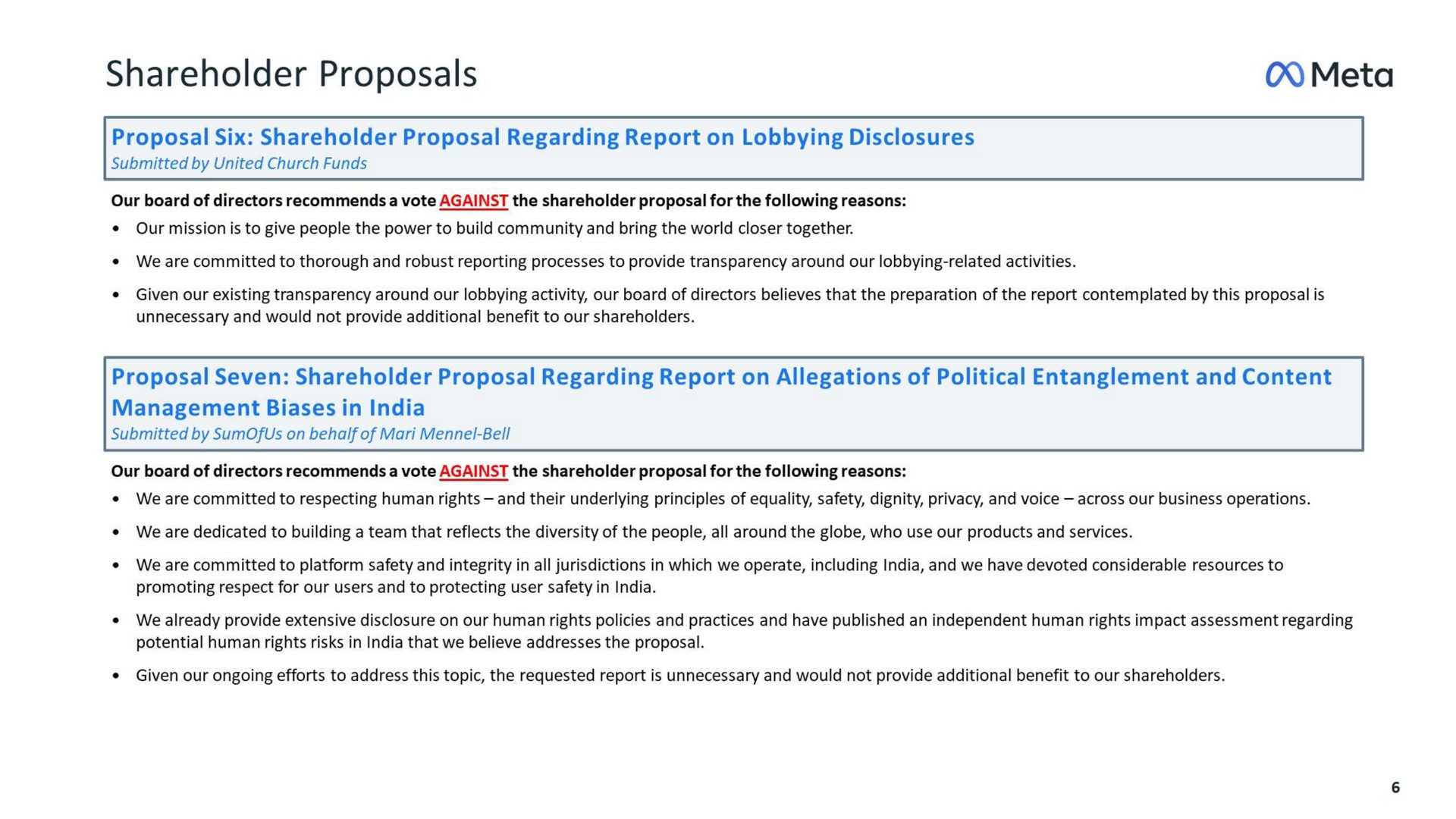 shareholder proposals meta proposal six shareholder proposal regarding report on lobbying disclosures proposal seven shareholder proposal regarding report on allegations of political entanglement and content management biases in | Meta