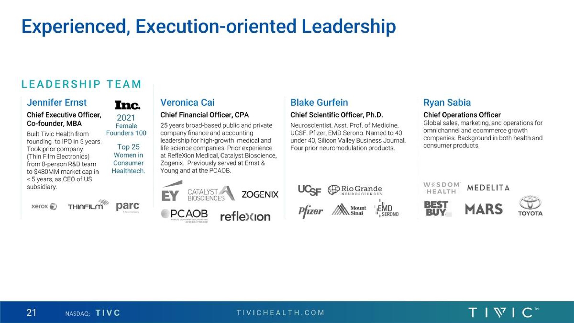 experienced execution oriented leadership | Tivic Health Systems