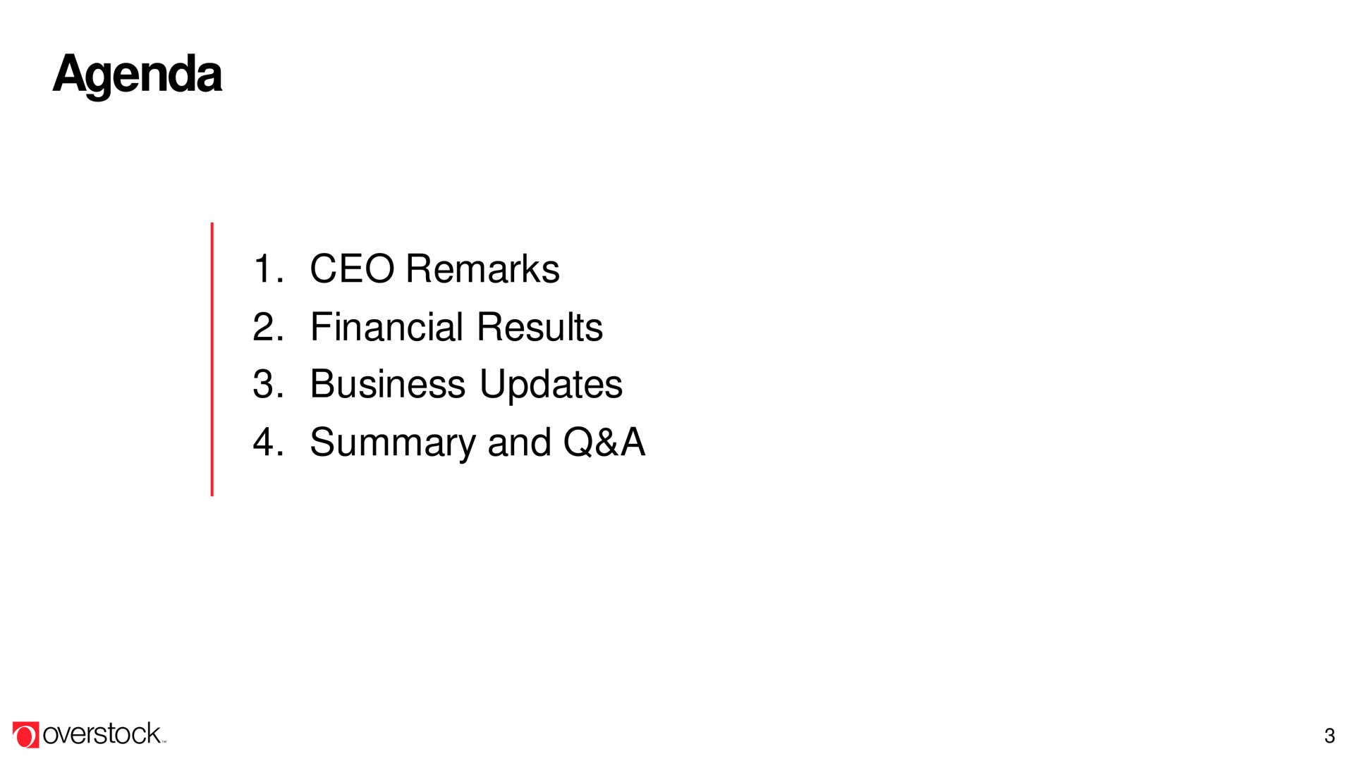 agenda financial results business updates summary and a | Overstock