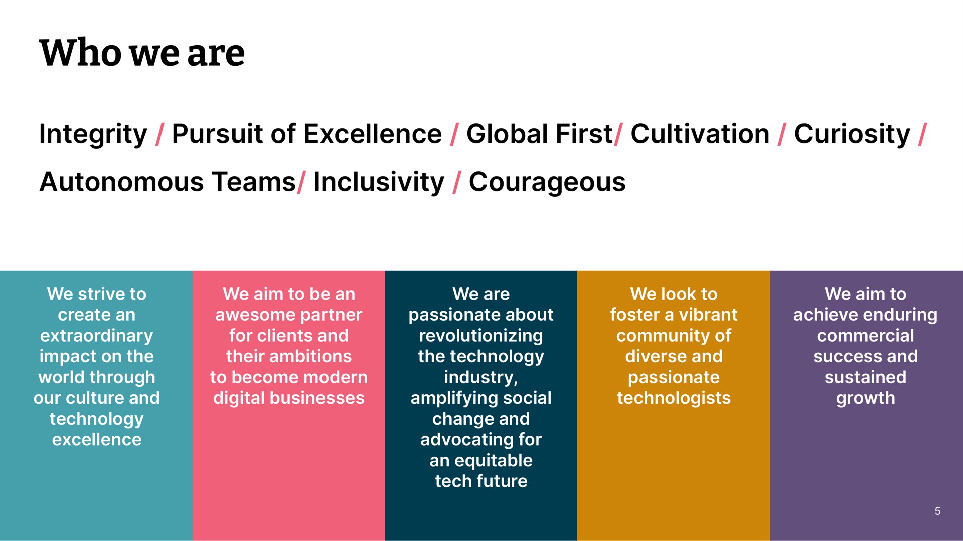 who we are integrity pursuit of excellence global first cultivation curiosity autonomous teams courageous | Thoughtworks