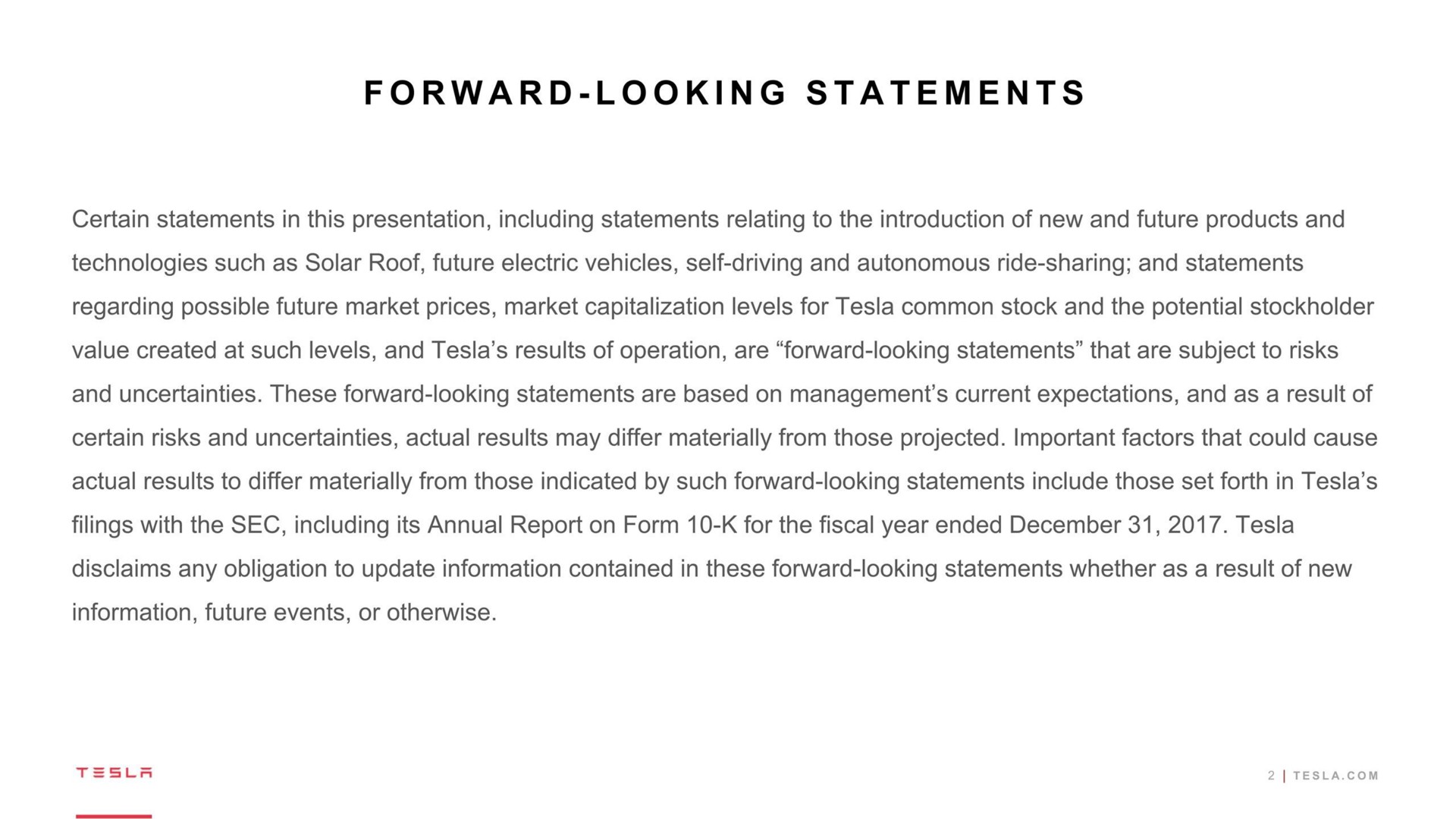 forward looking statements | Tesla