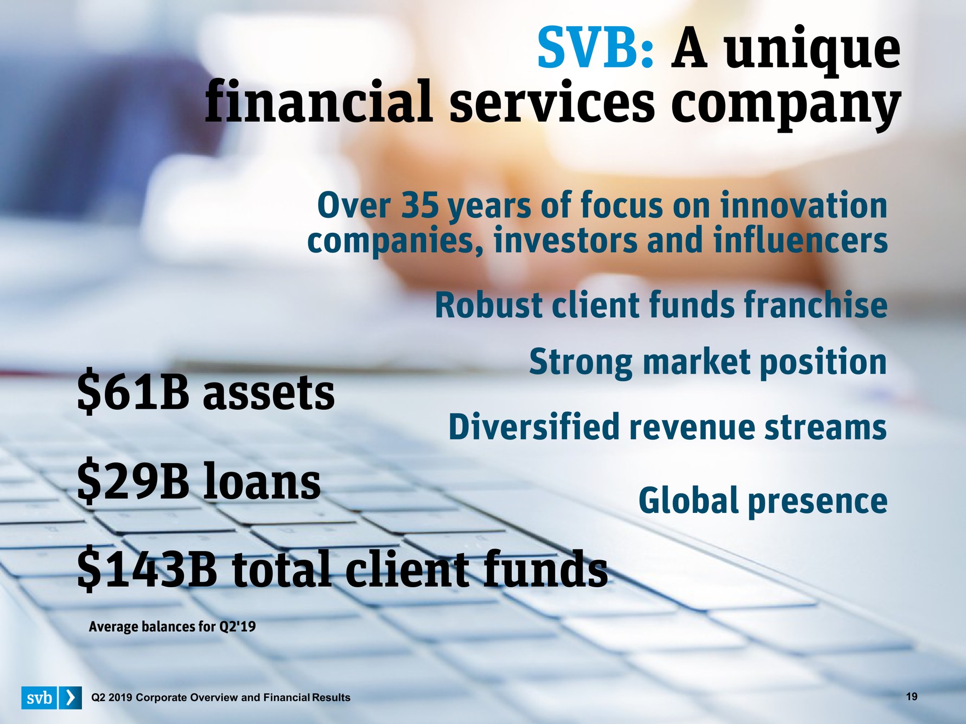 a unique financial services company over years of focus on innovation companies investors and assets loans robust client funds franchise strong market position diversified revenue streams global presence total client funds | Silicon Valley Bank