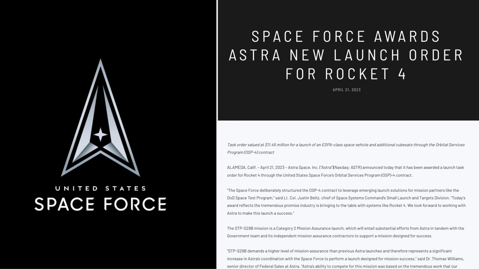 space force awards new launch order for rocket on space force | Astra