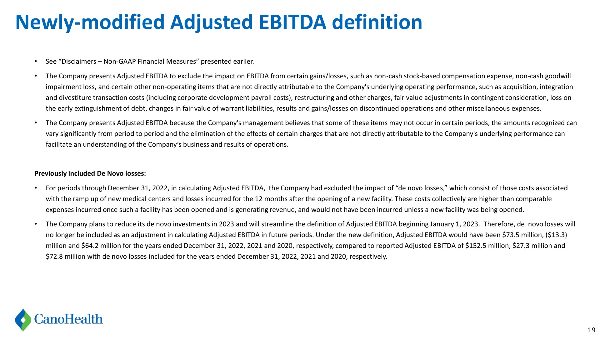 newly modified adjusted definition | Cano Health