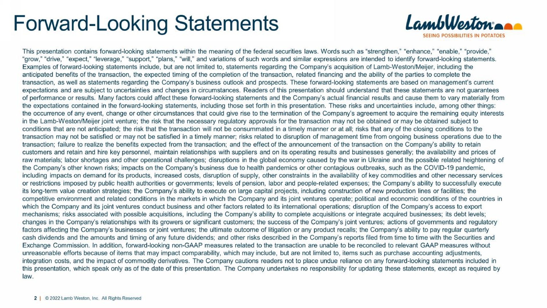 forward looking statements | Lamb Weston