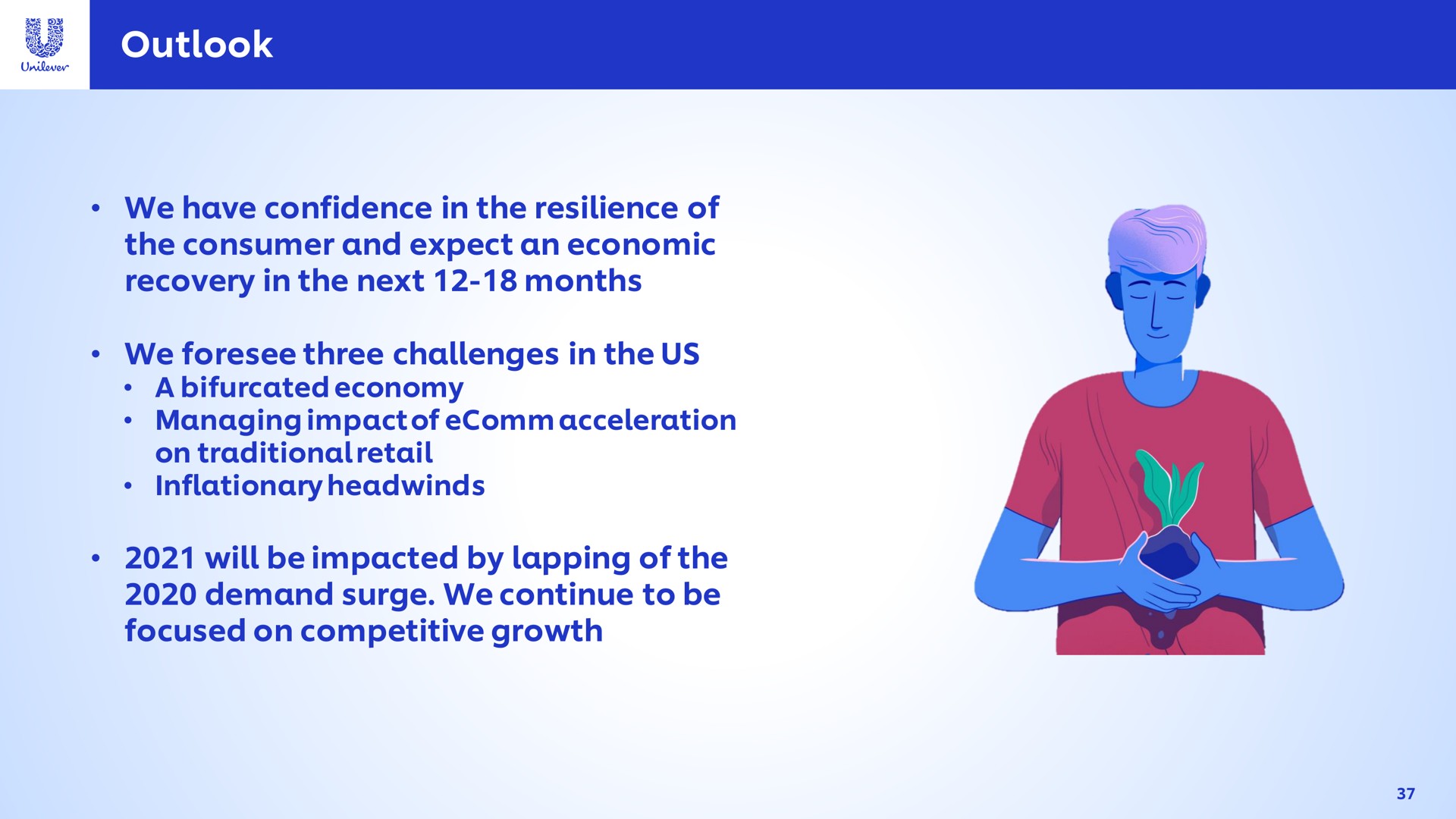 outlook we have confidence in the resilience of the consumer and expect an economic recovery in the next months we foresee three challenges in the us will be impacted by lapping of the demand surge we continue to be focused on competitive growth | Unilever