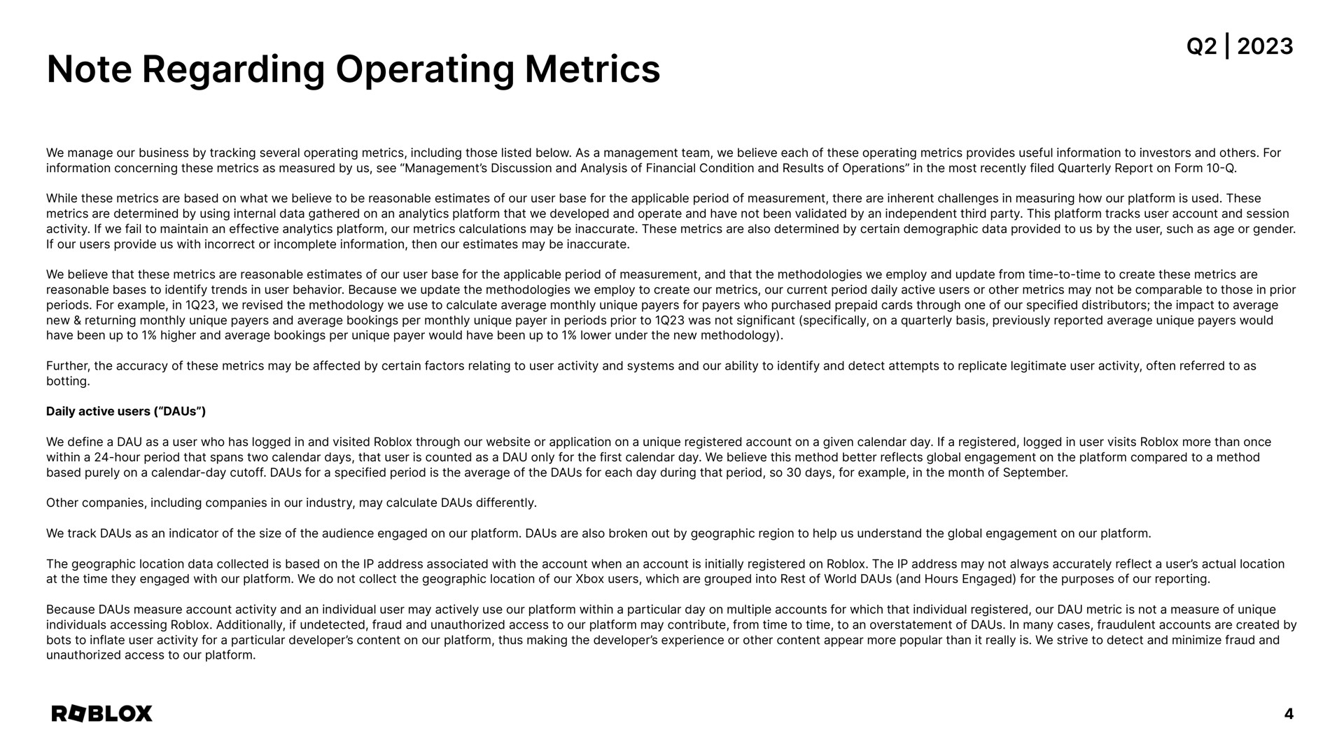 note regarding operating metrics | Roblox