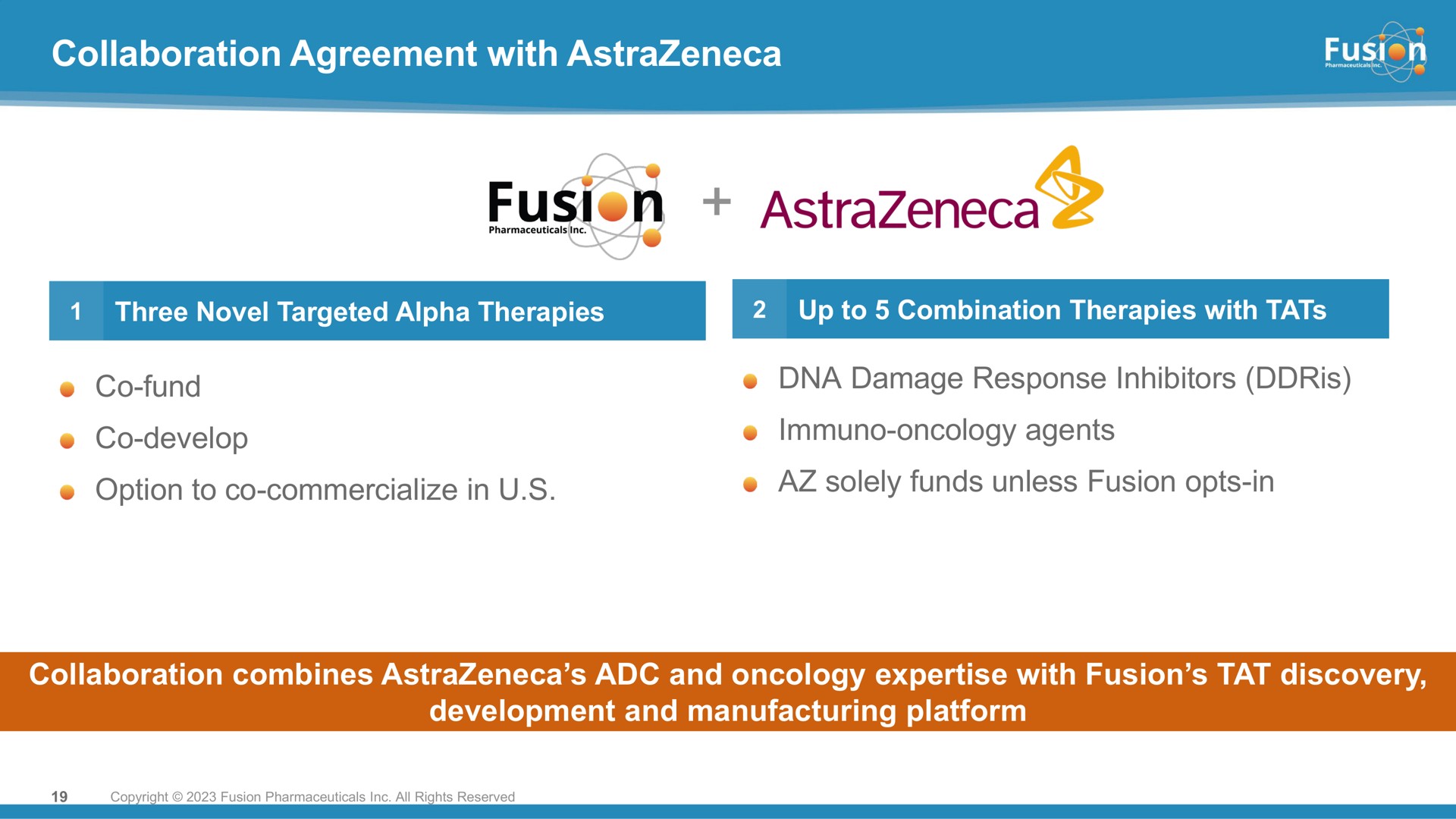 collaboration agreement with option to commercialize in solely funds unless fusion opts in | Fusion Pharmaceuticals