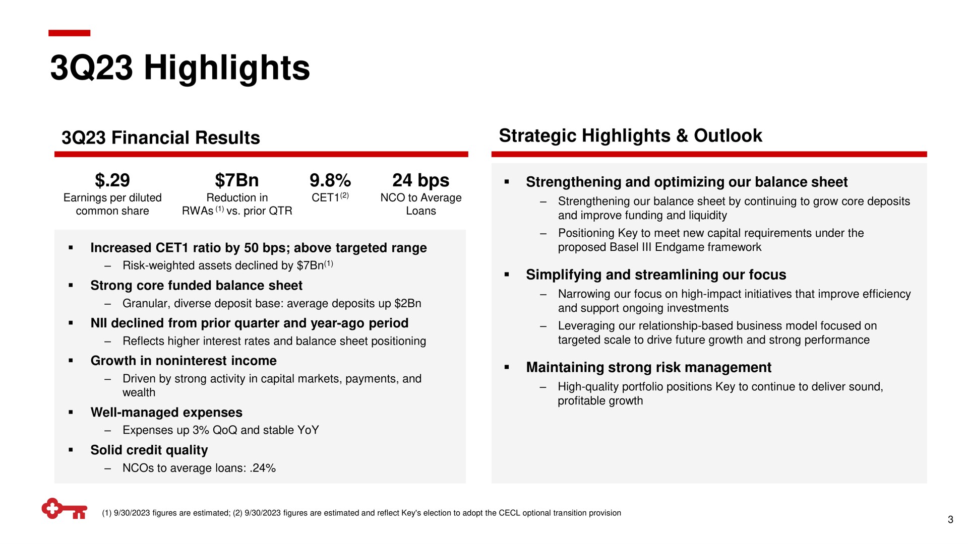 highlights financial results strategic highlights outlook | KeyCorp
