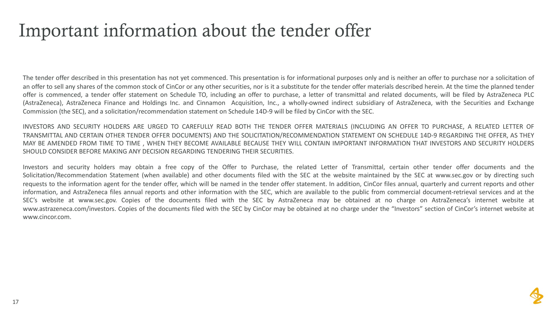 important information about the tender offer | AstraZeneca