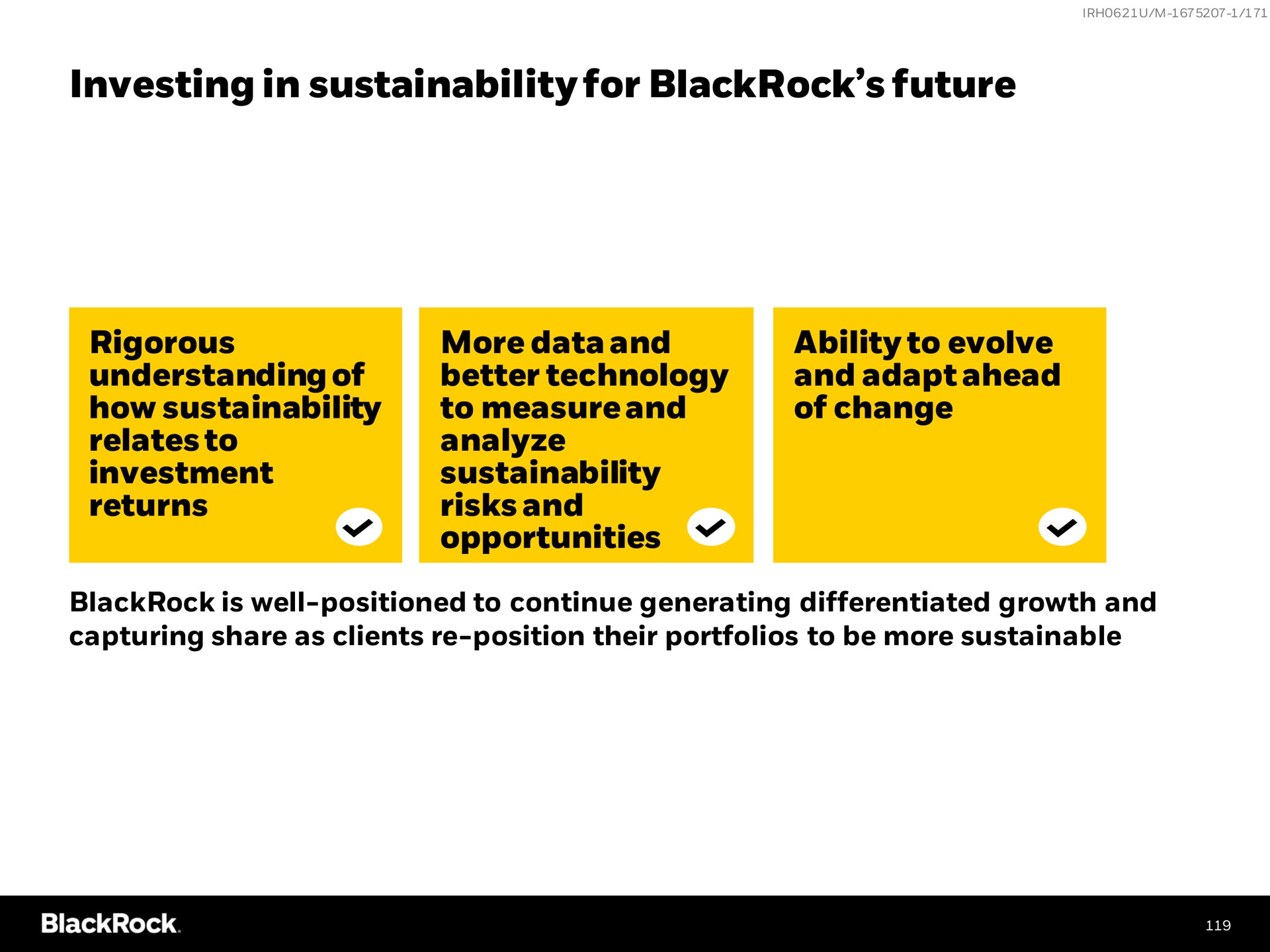 investing in for future rigorous understanding of how relates to investment returns more data and better technology to measure and analyze risks and opportunities ability to evolve and adapt ahead of change | BlackRock