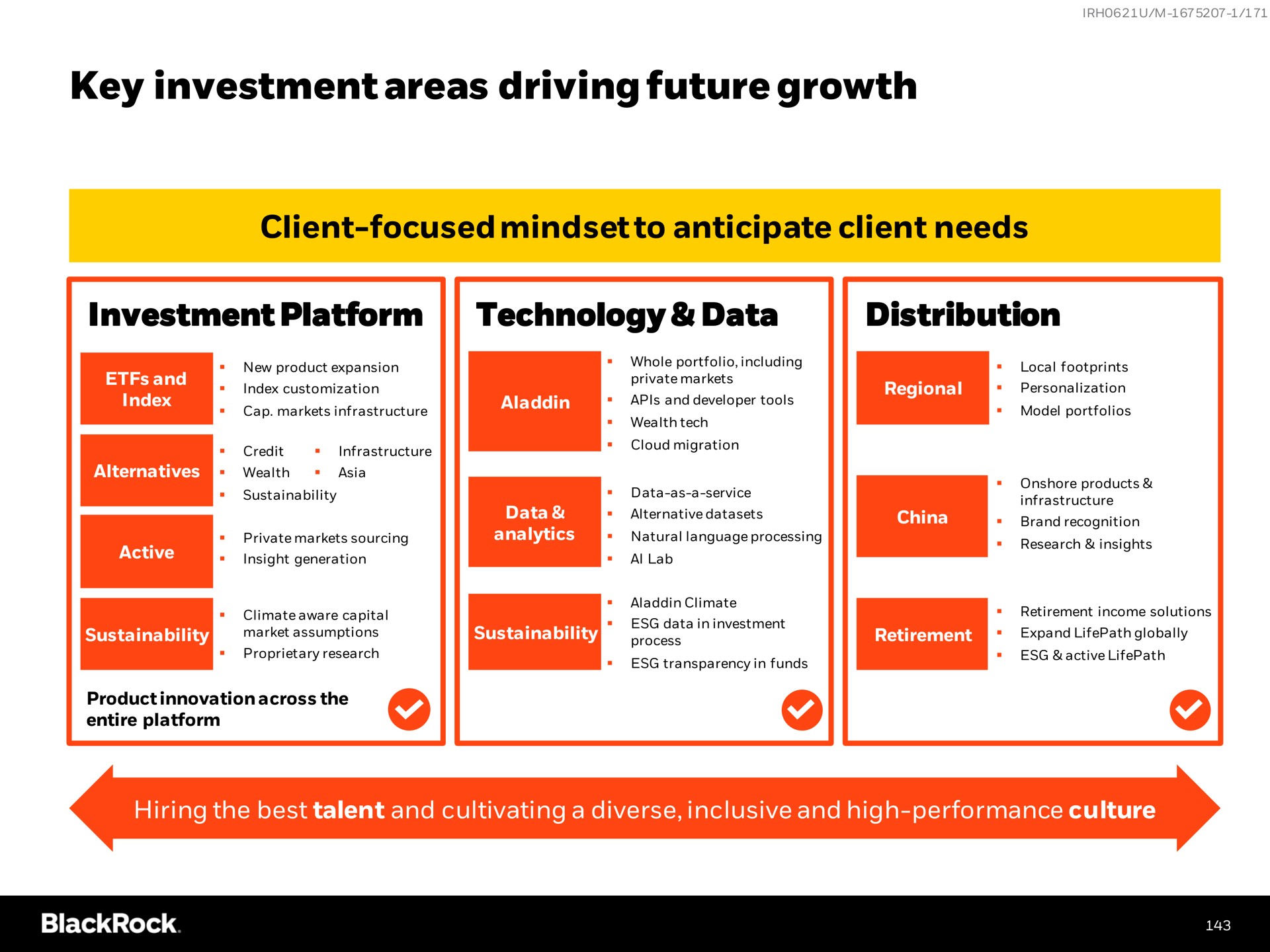 key investment areas driving future growth client focused to anticipate client needs investment platform technology data distribution | BlackRock