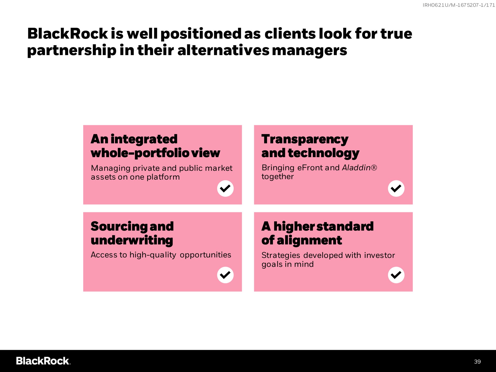 is well positioned as clients look for true partnership in their alternatives managers an integrated whole portfolio view transparency and technology sourcing and underwriting a higher standard of alignment | BlackRock