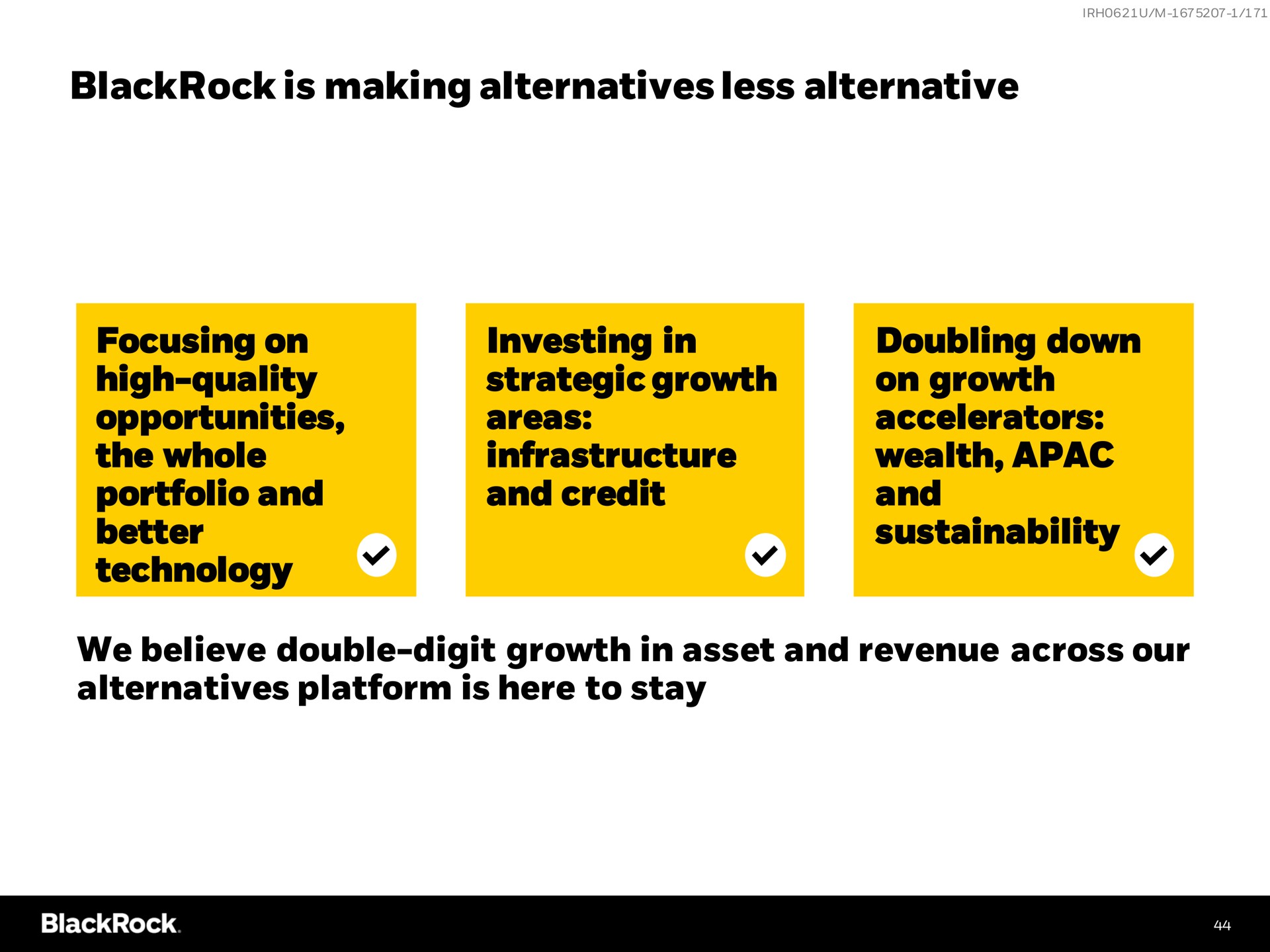 is making alternatives less alternative focusing on high quality opportunities the whole portfolio and better technology investing in strategic growth areas infrastructure and credit doubling down on growth accelerators wealth and we believe double digit growth in asset and revenue across our alternatives platform is here to stay | BlackRock