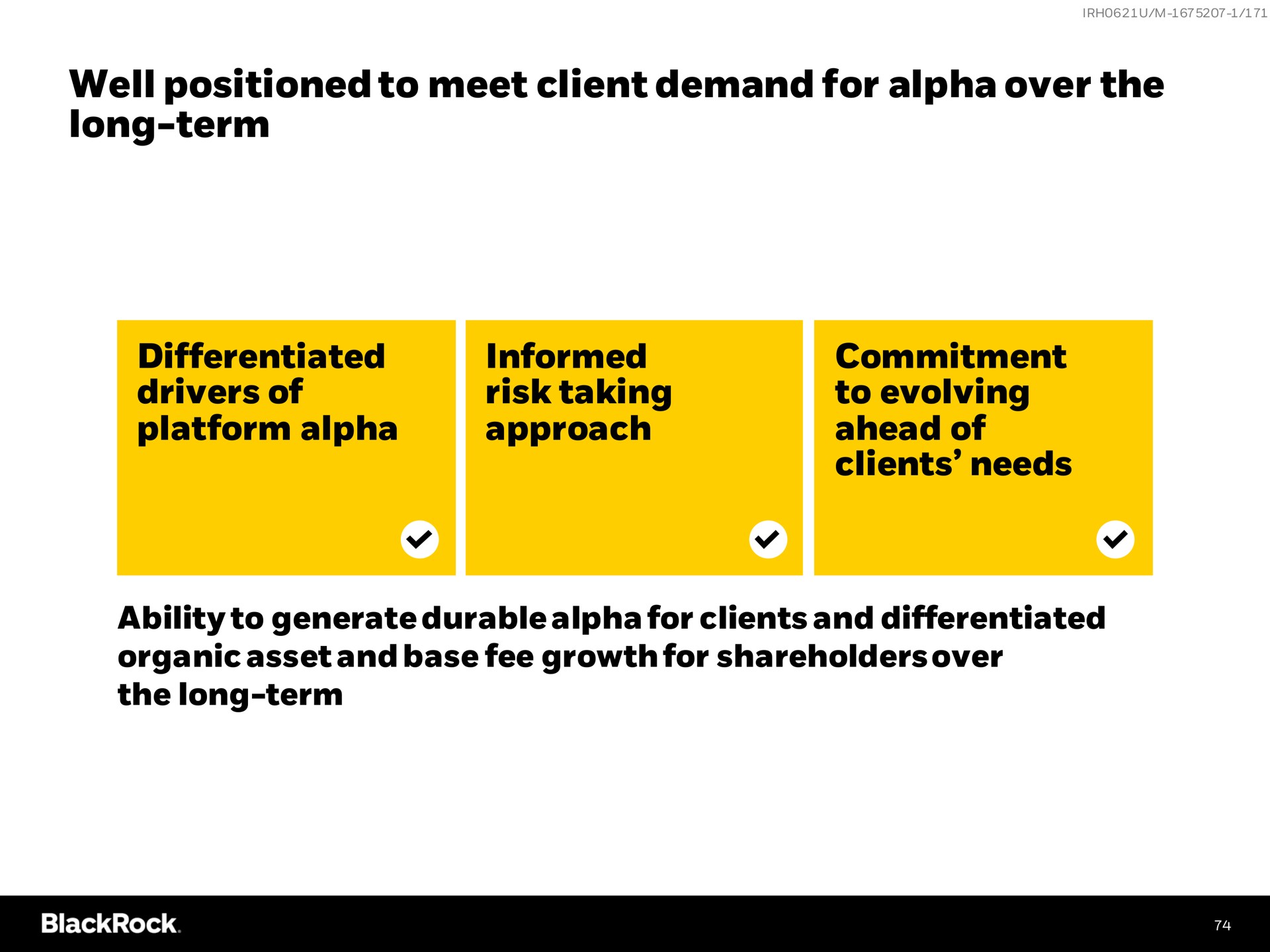 well positioned to meet client demand for alpha over the long term differentiated drivers of platform alpha informed risk taking approach commitment to evolving ahead of clients needs ability to generate durable alpha for clients and differentiated organic asset and base fee growth for shareholders over the long term | BlackRock