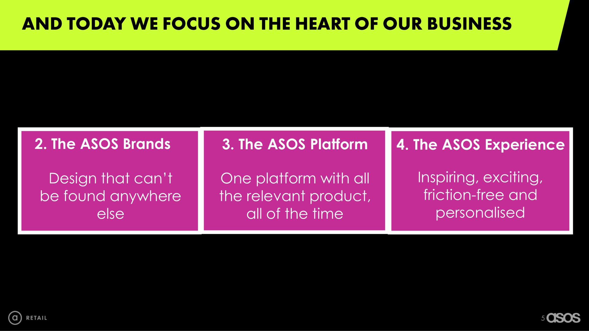 the brands the platform the experience design that can be found anywhere else one platform with all the relevant product all of the time inspiring exciting friction free and today we focus on heart our business | Asos