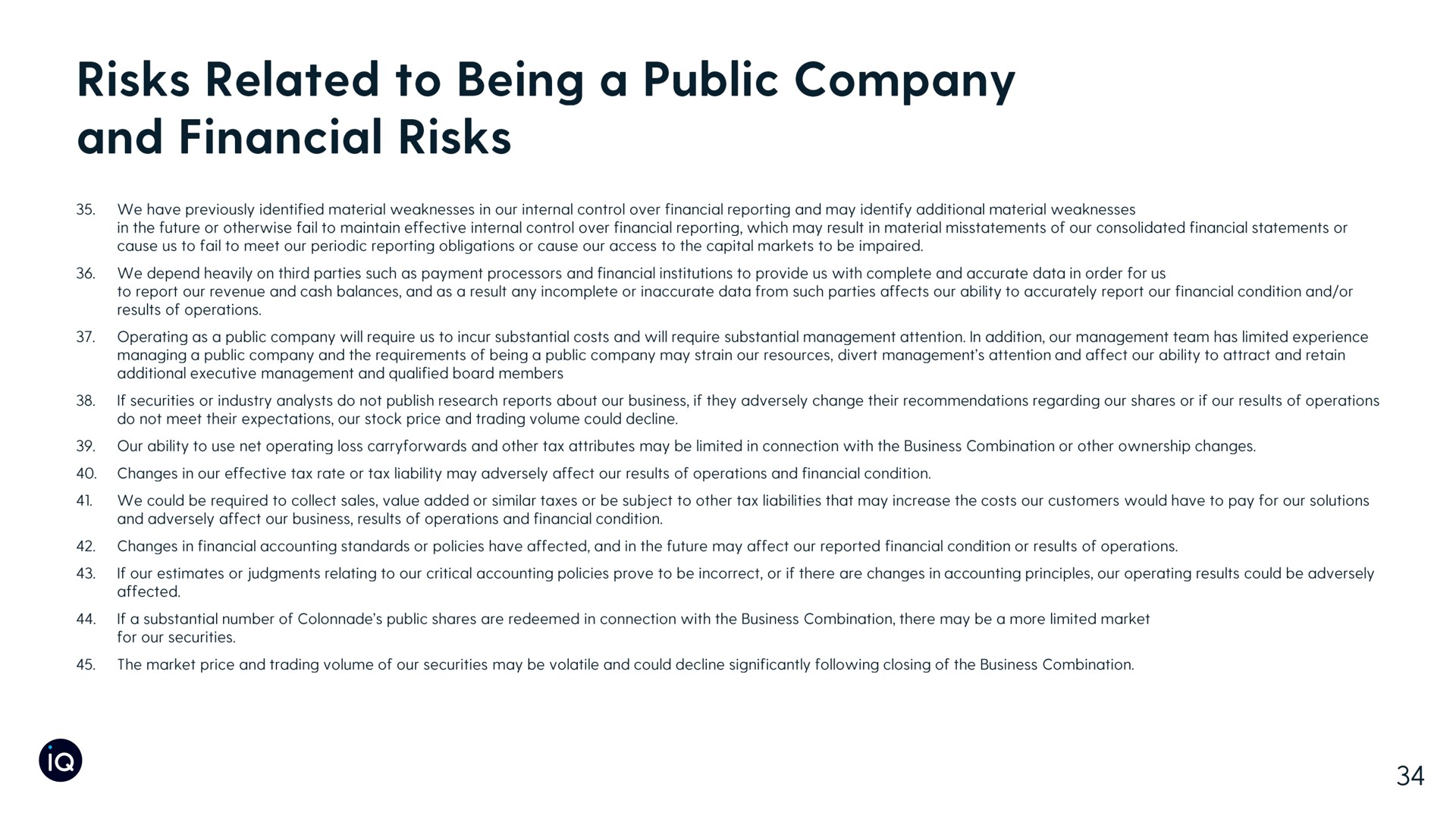 risks related to being a public company and financial risks | Plastiq