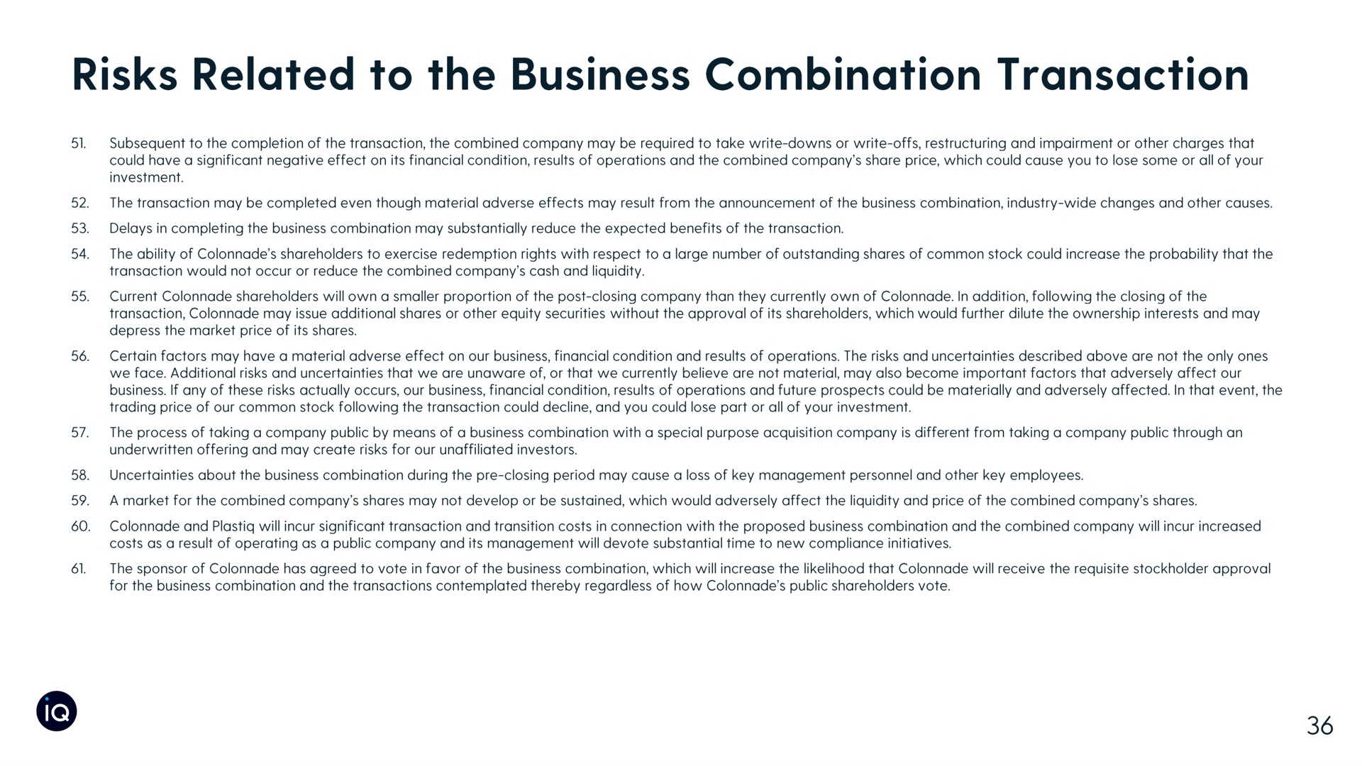 risks related to the business combination transaction | Plastiq