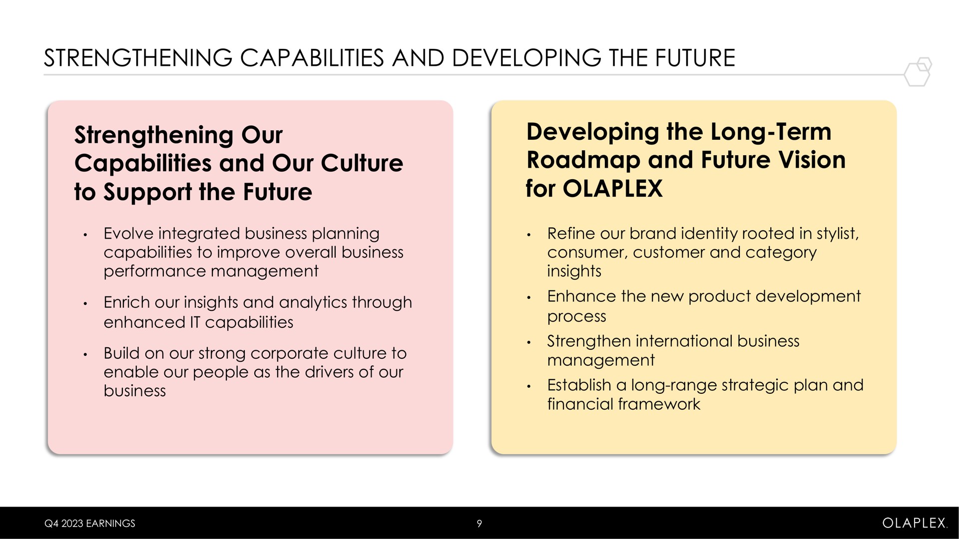 strengthening capabilities and developing the future strengthening our capabilities and our culture to support the future developing the long term and future vision for | Olaplex